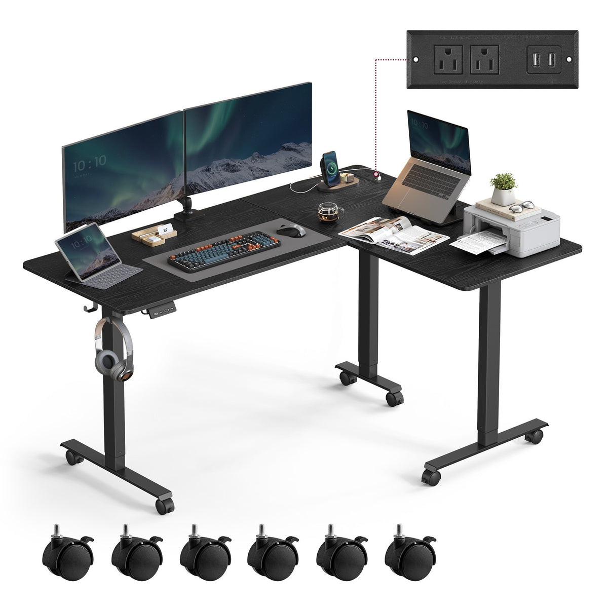 L-Shaped Electric Standing Desk with Power Outlets - Ink Black