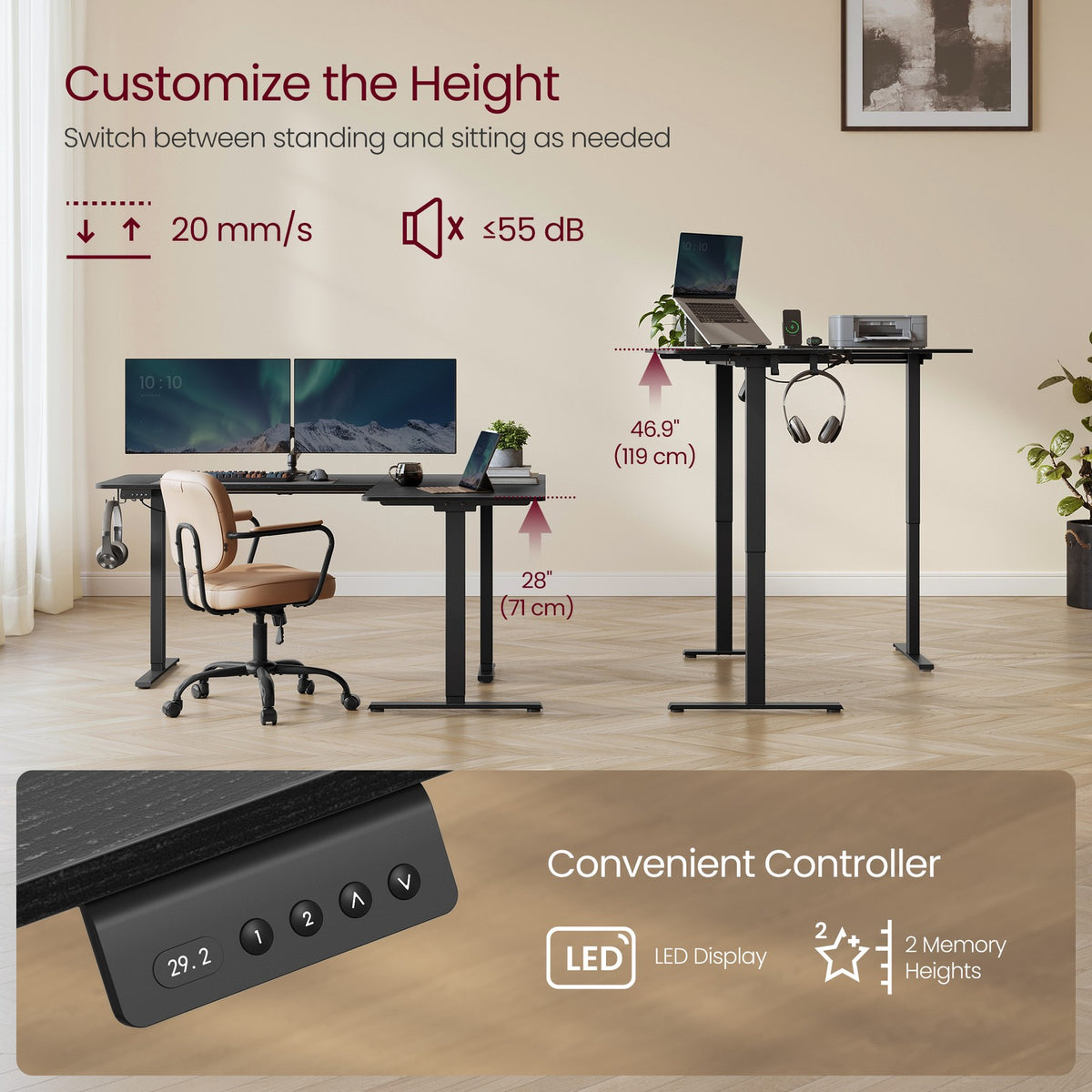 L-Shaped Electric Standing Desk with Power Outlets - Ink Black