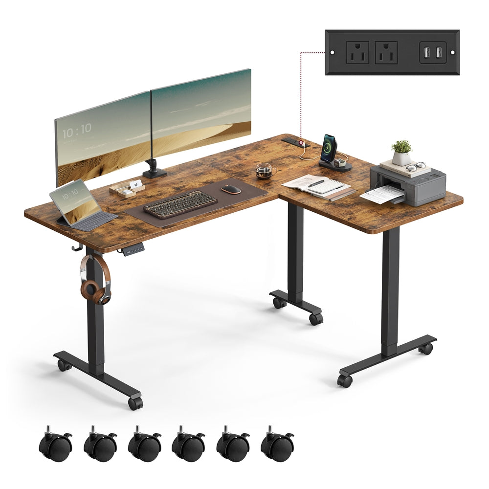 L-Shaped Electric Standing Desk with Power Outlets - Rustic Brown