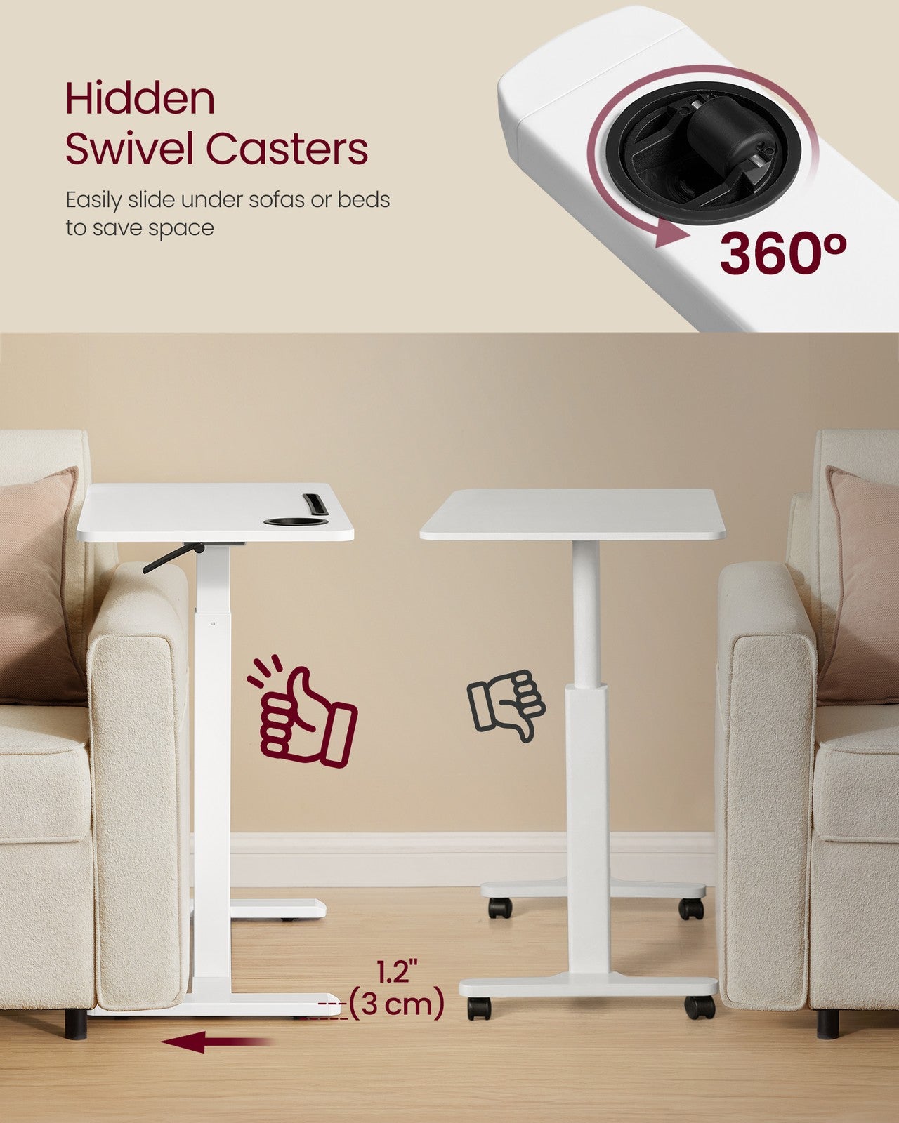 Overbed Table with Wheels - Mobile Standing Computer Desk - 27.6 x 15.7 Inches Tabletop - Adjustable Height - 2 Cup Holders - Phone and Tablet Slot - Cloud White ULSD600W01 - Cloud White