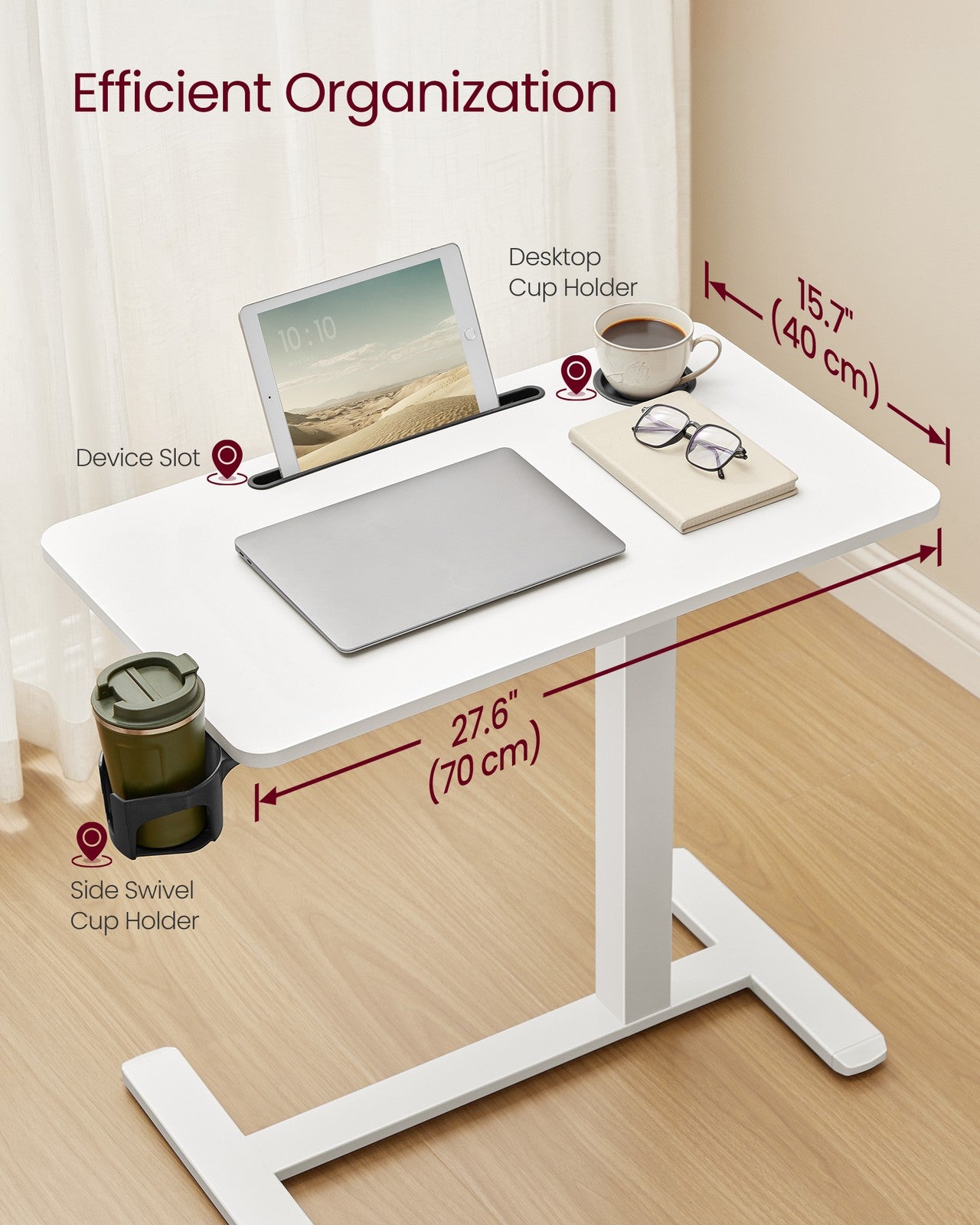 Overbed Table with Wheels - Mobile Standing Computer Desk - 27.6 x 15.7 Inches Tabletop - Adjustable Height - 2 Cup Holders - Phone and Tablet Slot - Cloud White ULSD600W01 - Cloud White