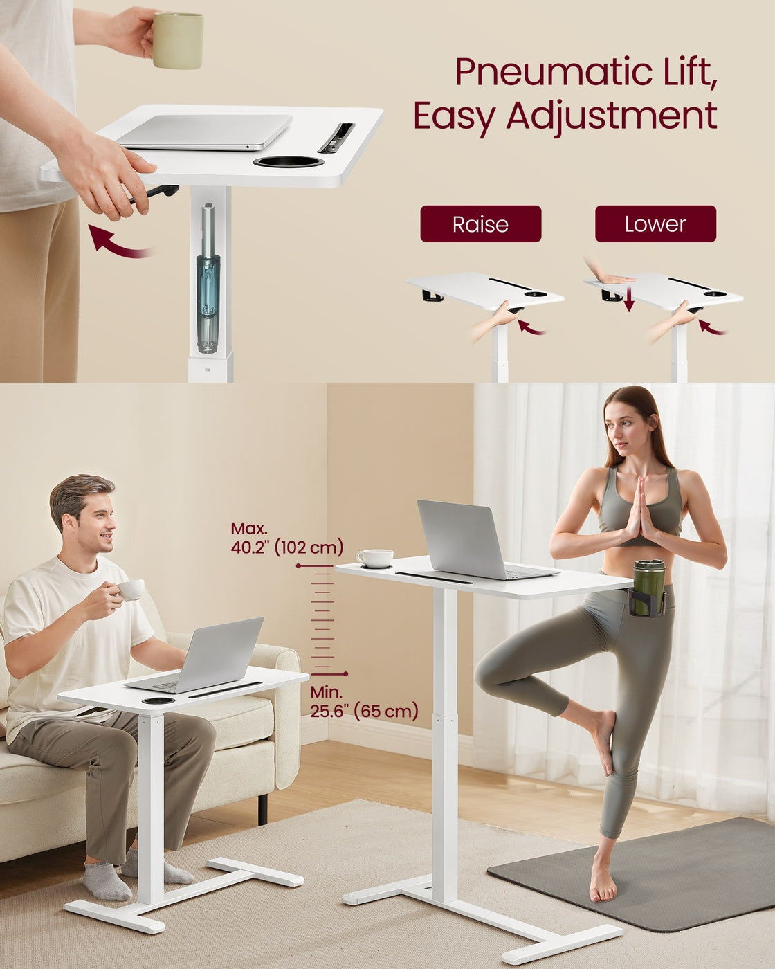 Overbed Table - Mobile Standing Desk - Adjustable Height - Cloud White