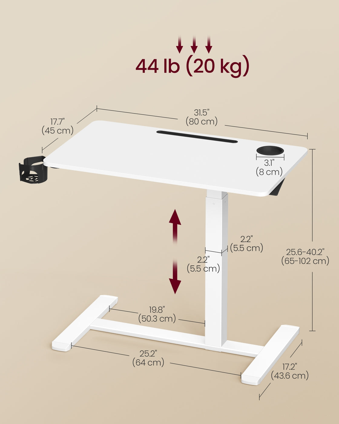 Overbed Table - Mobile Standing Desk - Adjustable Height - Cloud White