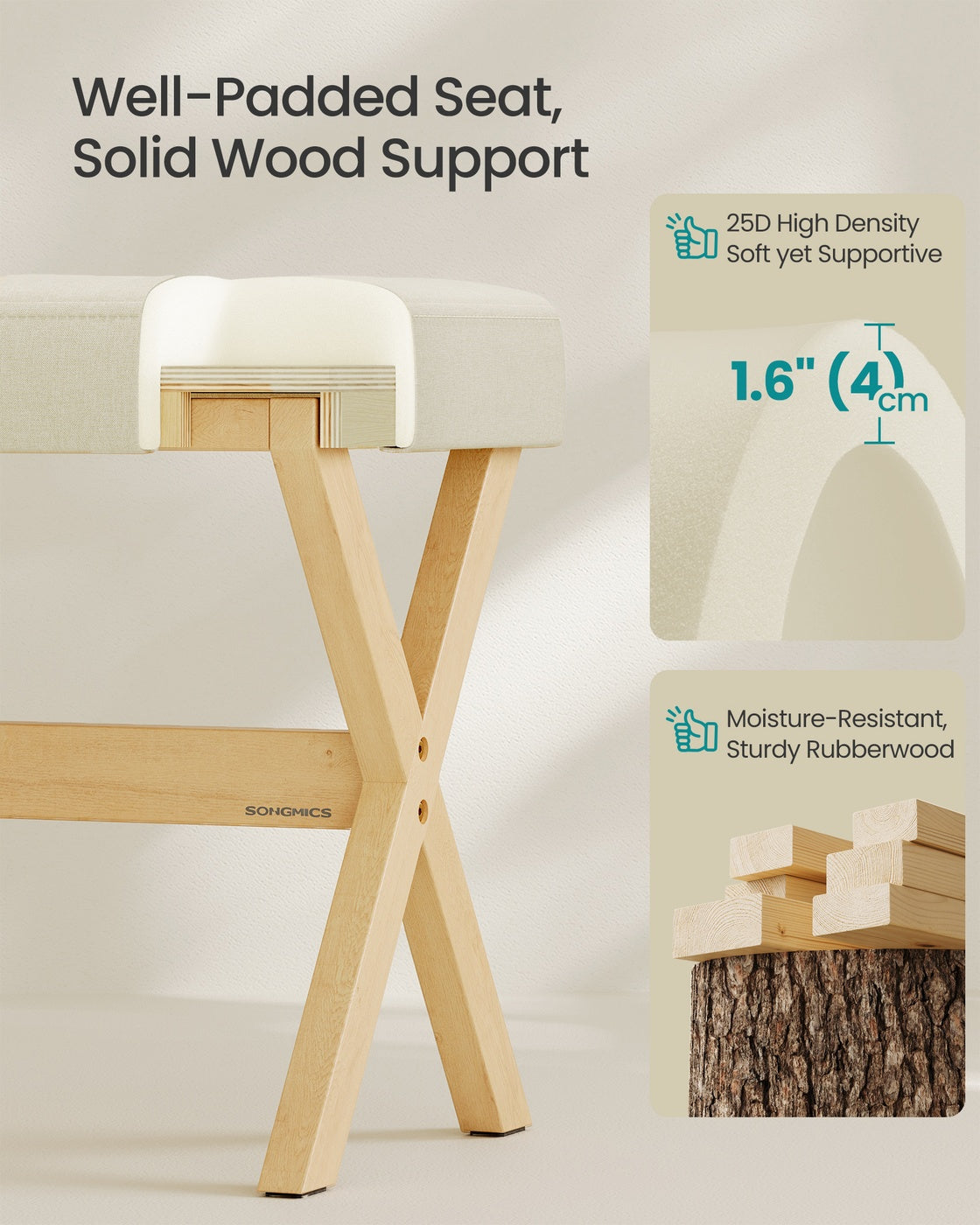 Padded Makeup Stool - Solid Wood X Legs - Vanity Seat or Foot Rest