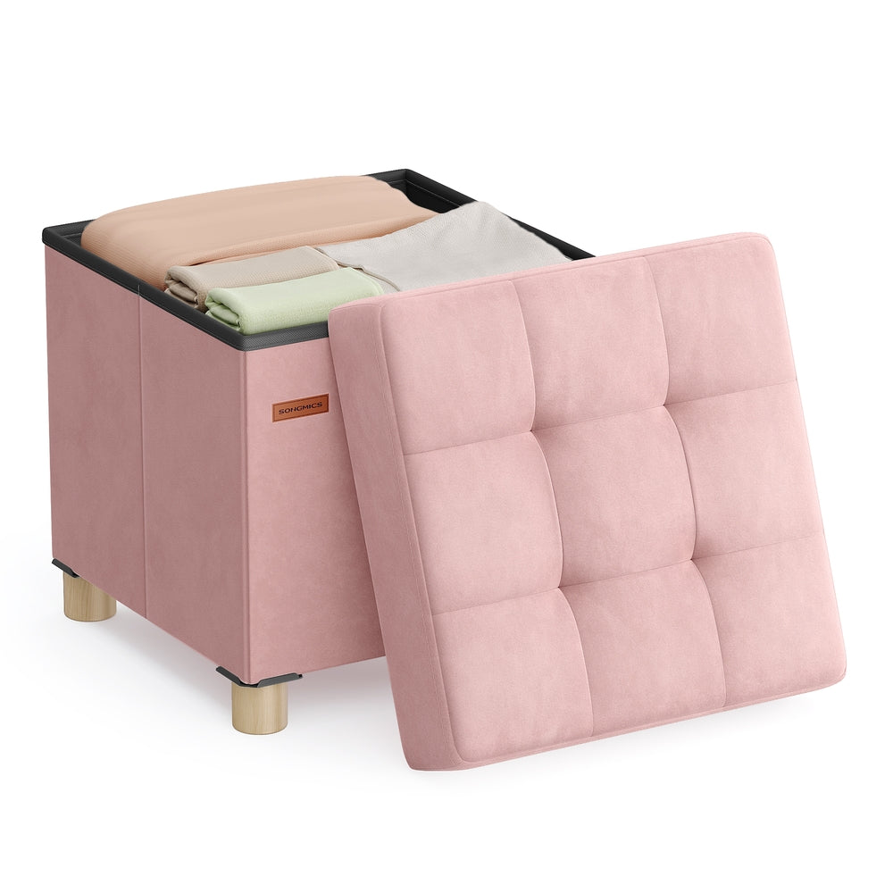 Small Storage Ottoman - Folding Ottoman Cube - 15 x 15 x 15.7 Inches - Footstool - Footrest - 9.8 Gal. (37 L) - Velvet Surface - for Bedroom - Living Room - Dorm - Jelly Pink ULSF0516R01 - Jelly Pink - 15"D x 15"W x 15.7"H