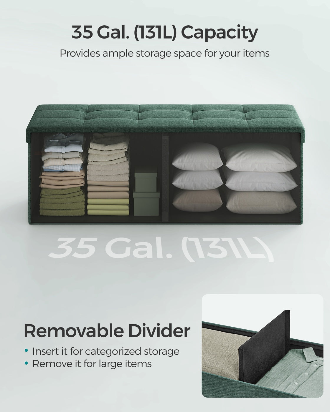 Folding Storage Ottoman Bench - 43 Inch - Linen-Look - 35 Gal
