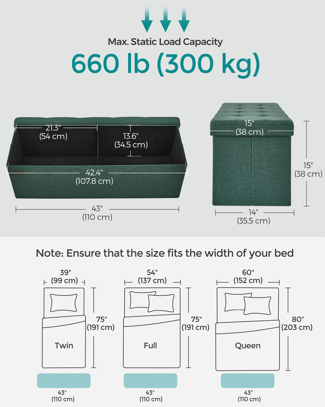Folding Storage Ottoman Bench - 43 Inch - Linen-Look - 35 Gal