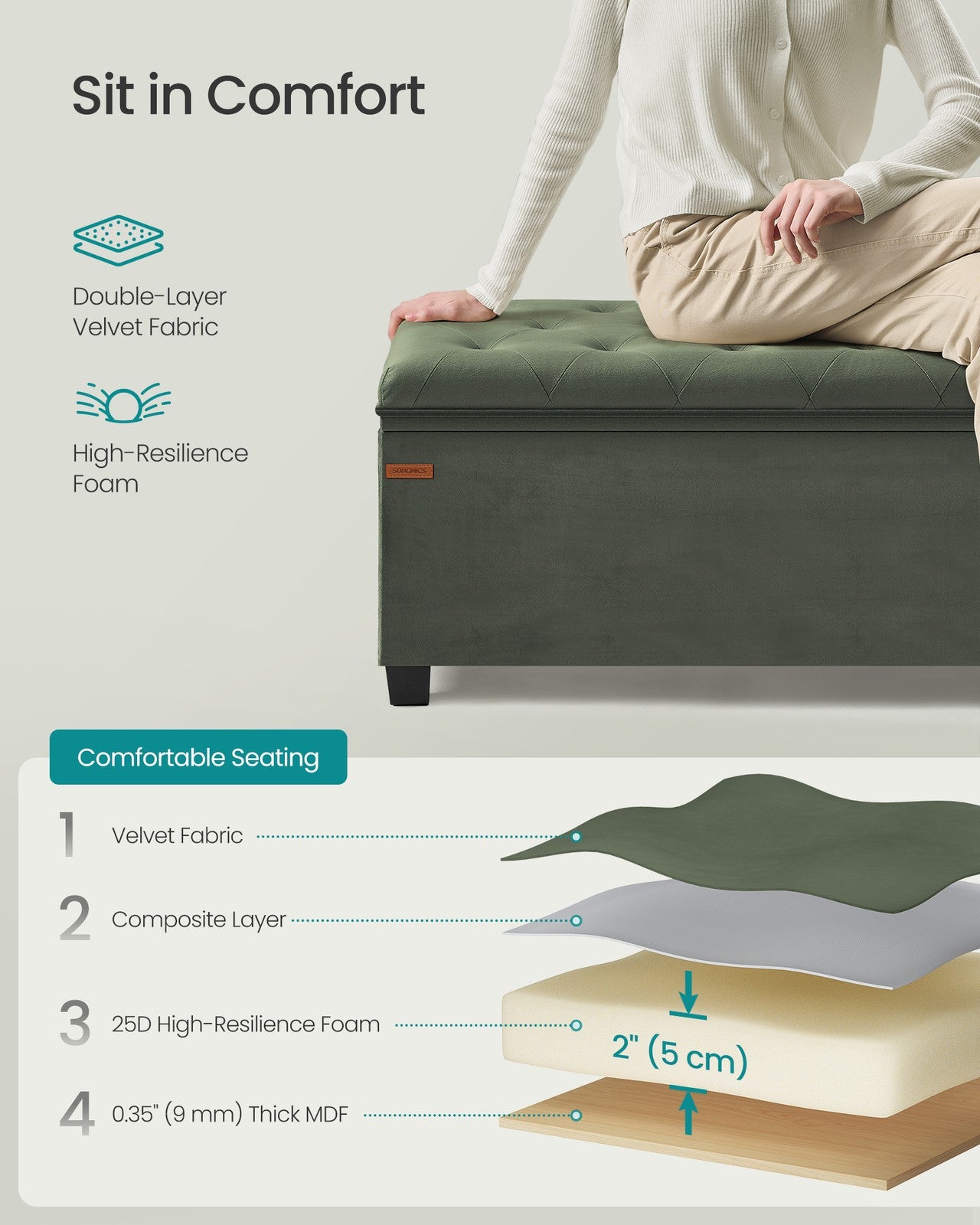 Storage Ottoman Bench - Foot Rest with Legs - Forest Green