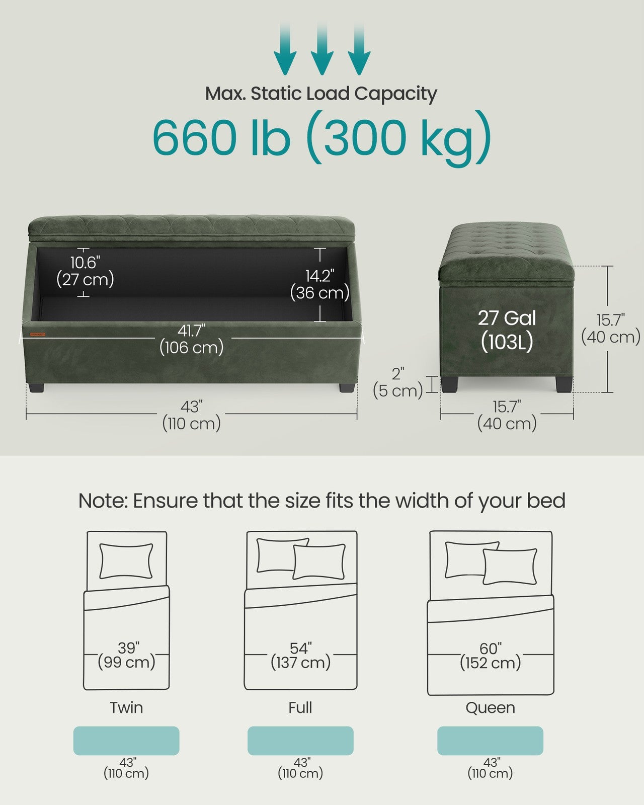 Storage Ottoman Bench - Foot Rest with Legs - Forest Green