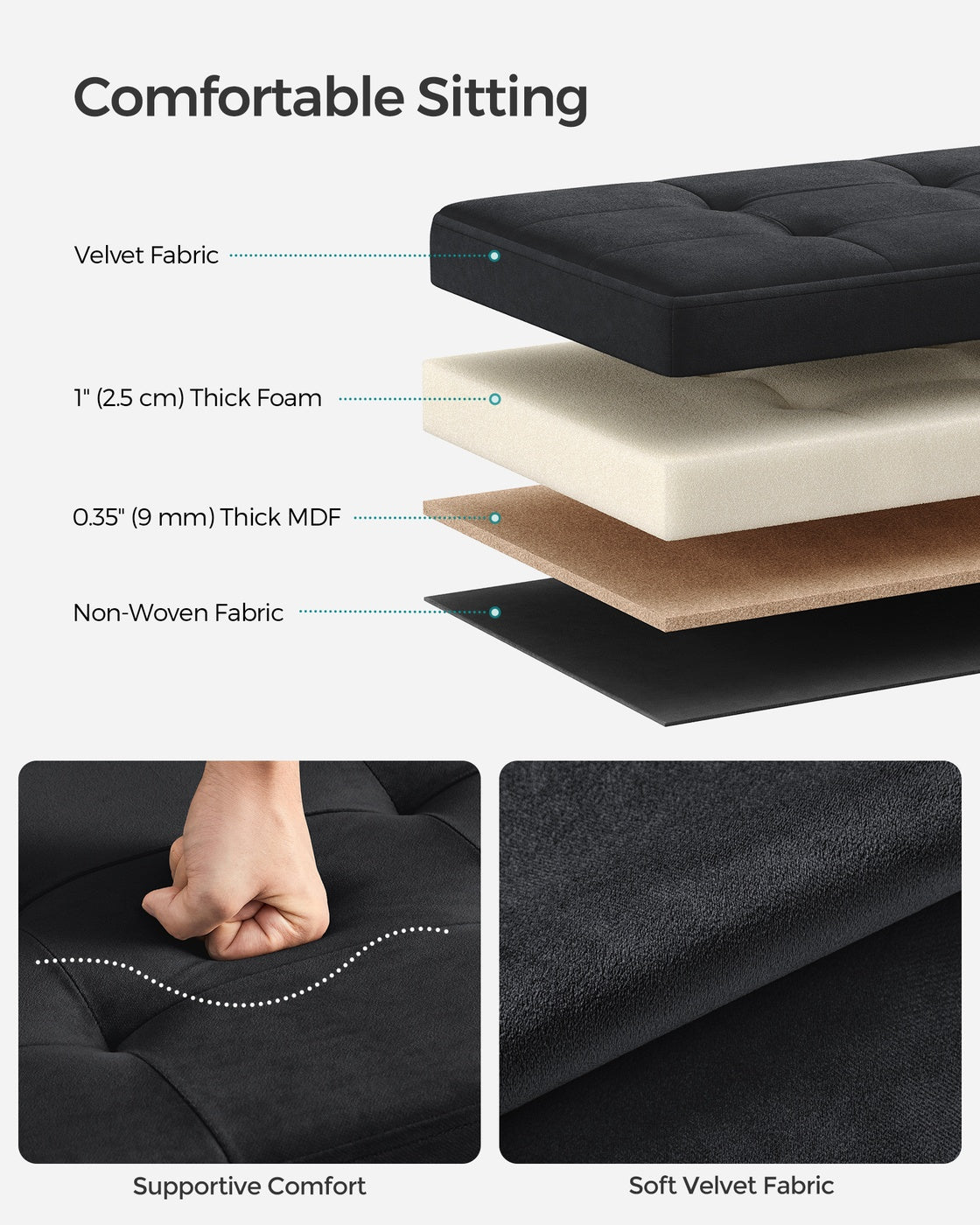 MAZIE Collection - 15 x 30 x 15 Inches Storage Ottoman Bench with Storage Chest - Load Up to 660 Lb Ink - Ink Black