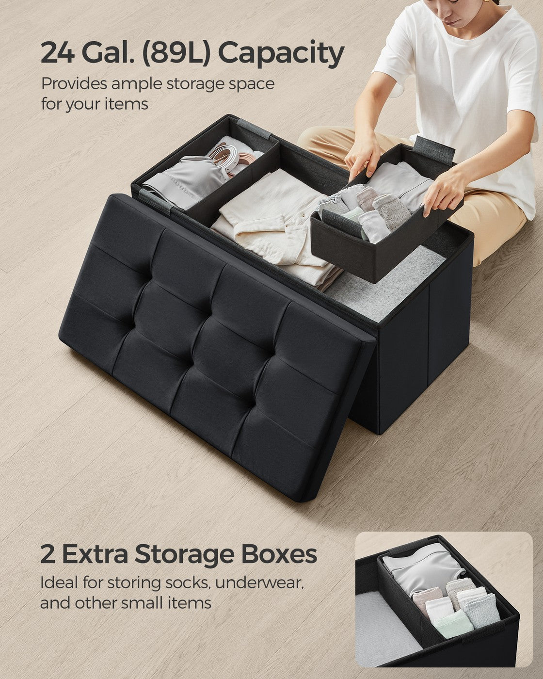 MAZIE Collection - 15 x 30 x 15 Inches Storage Ottoman Bench with Storage Chest - Load Up to 660 Lb Ink - Ink Black
