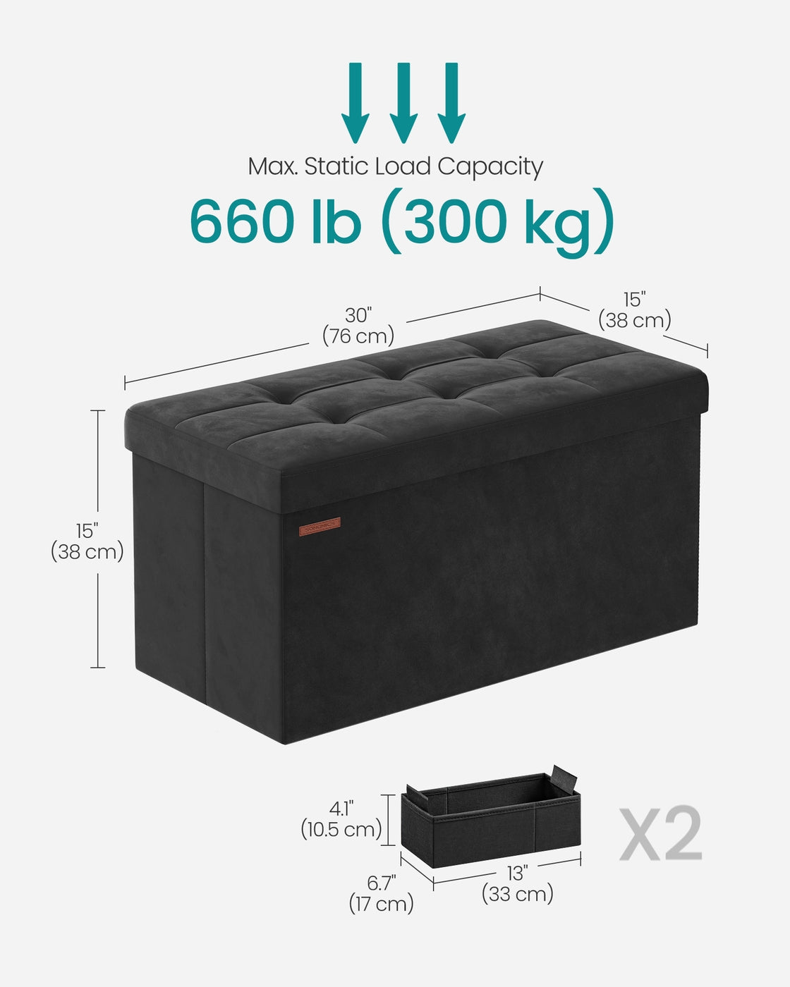 MAZIE Collection - 15 x 30 x 15 Inches Storage Ottoman Bench with Storage Chest - Load Up to 660 Lb Ink - Ink Black