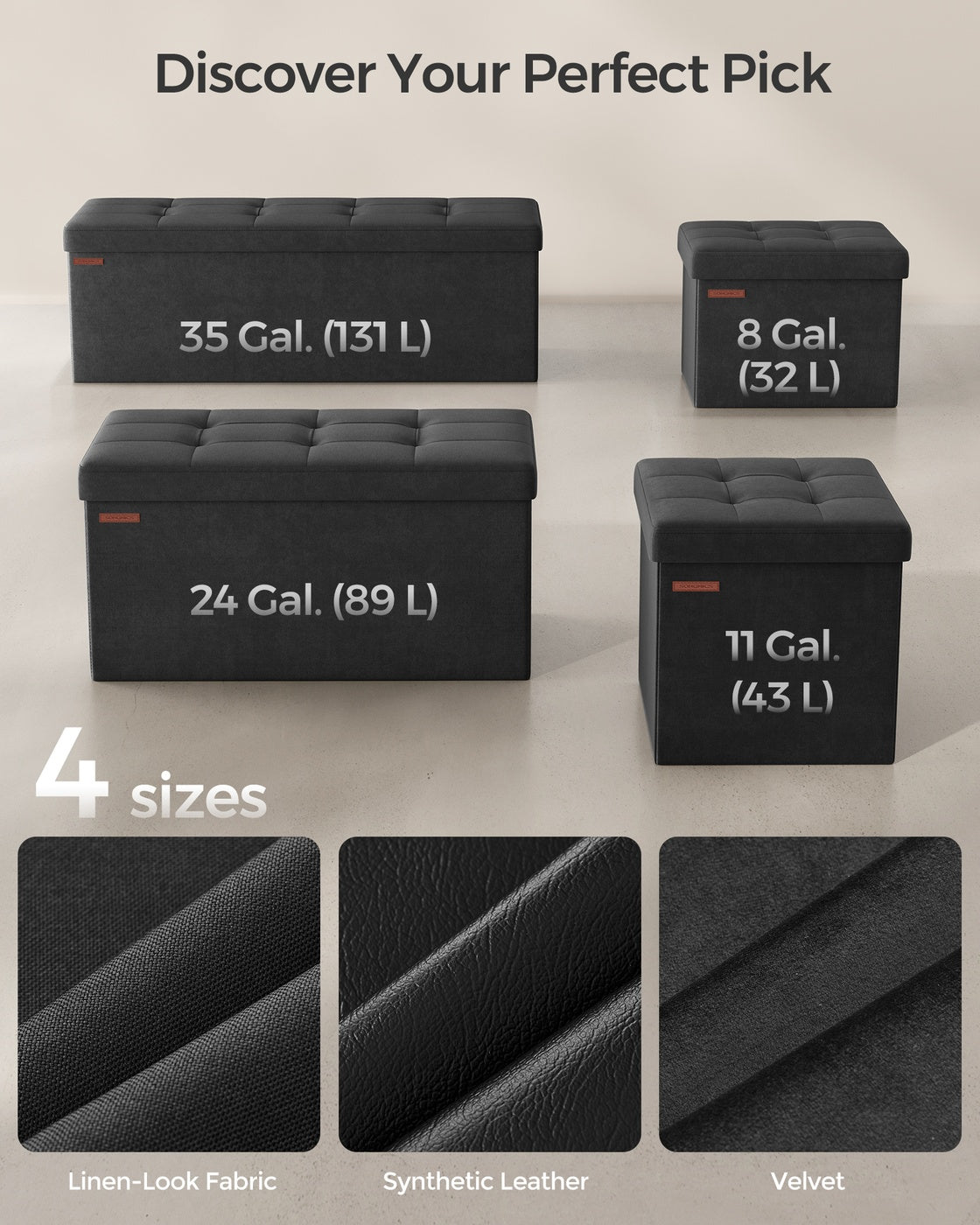 MAZIE Collection - 15 x 30 x 15 Inches Storage Ottoman Bench with Storage Chest - Load Up to 660 Lb Ink - Ink Black