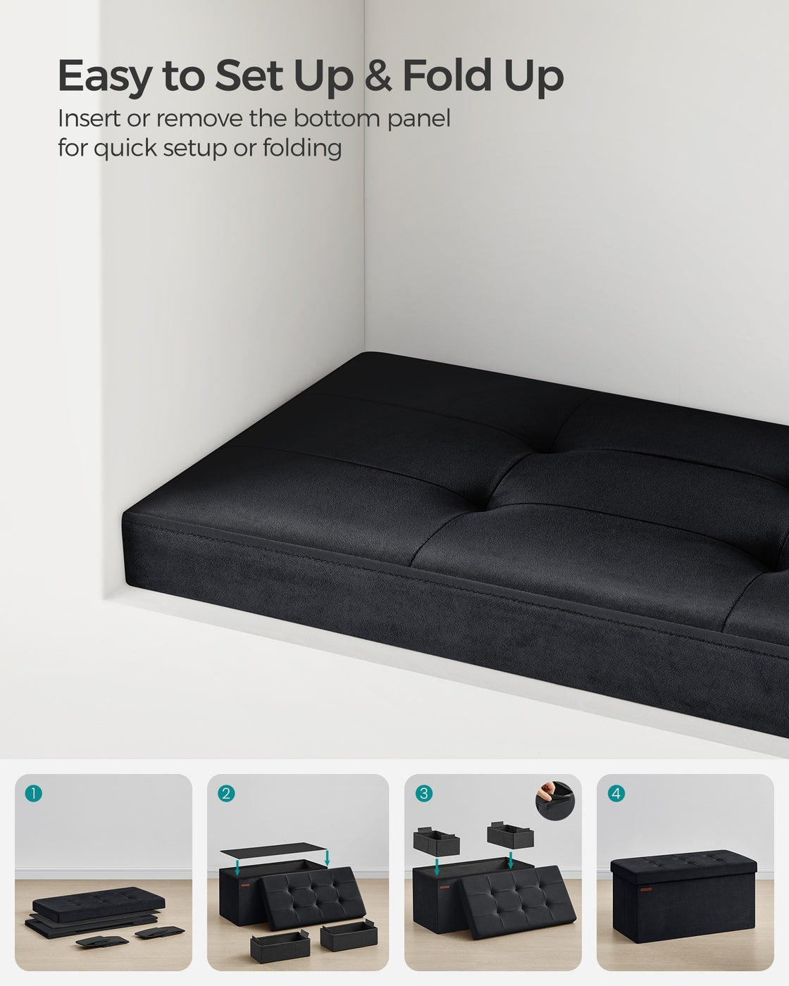 MAZIE Collection - 15 x 30 x 15 Inches Storage Ottoman Bench with Storage Chest - Load Up to 660 Lb Ink - Ink Black