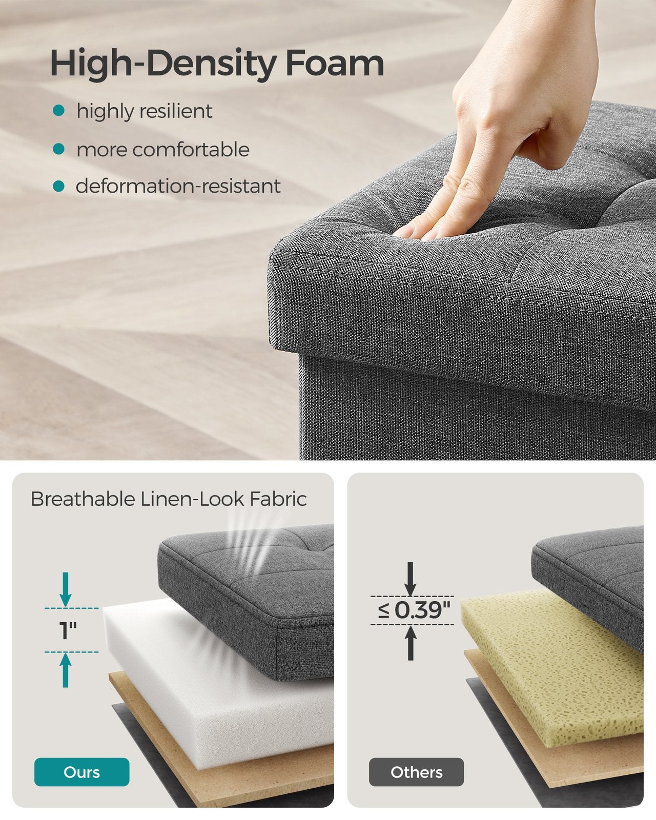 15 Inches Folding Storage Ottoman Bench