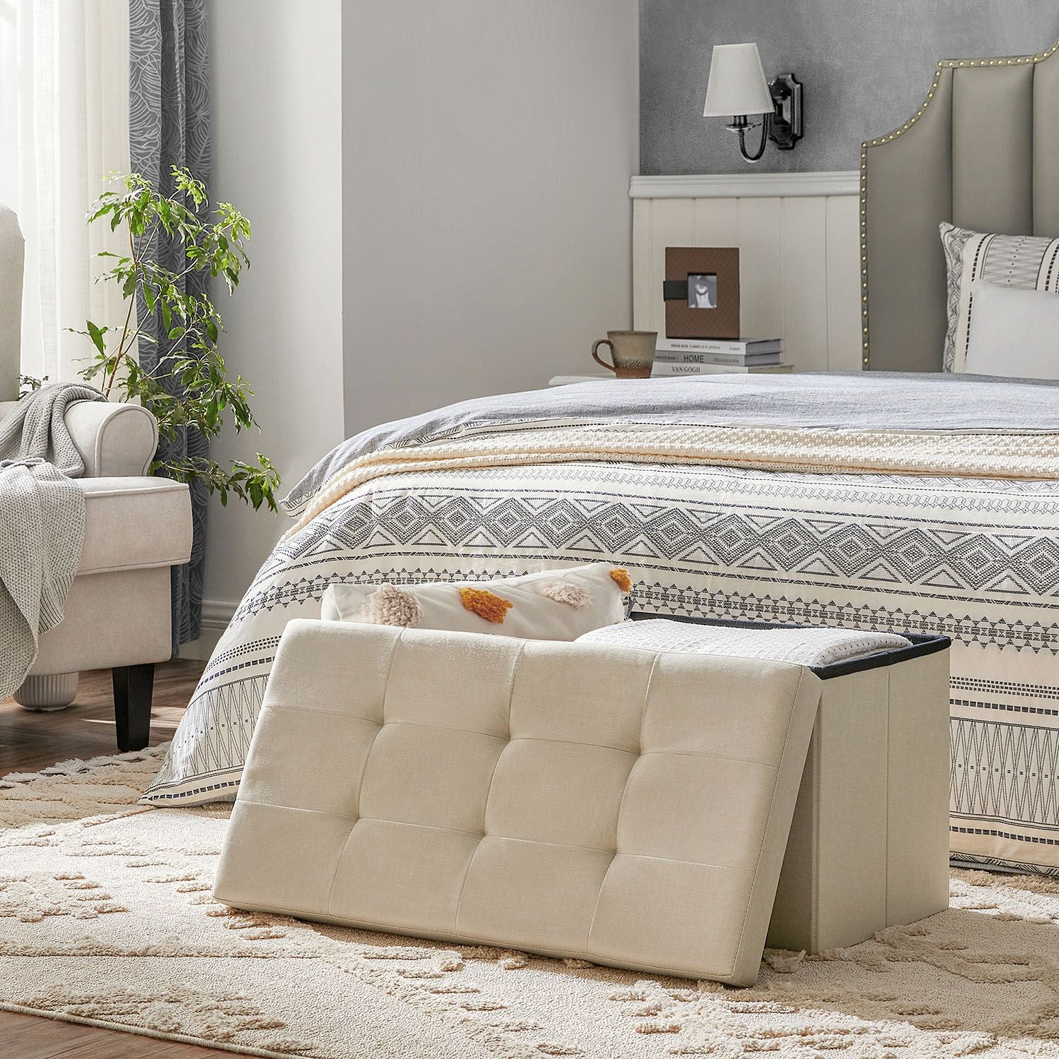 MAZIE Collection - 30 Inches Folding Storage Ottoman Bench - Beige