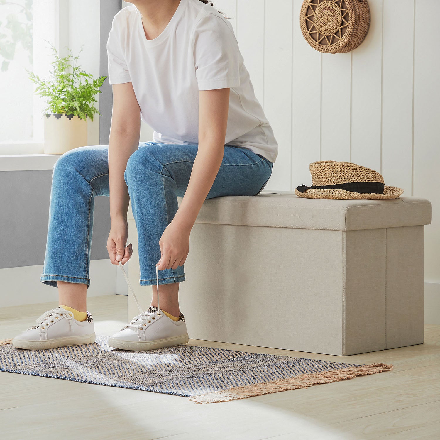MAZIE Collection - 30 Inches Folding Storage Ottoman Bench - Beige