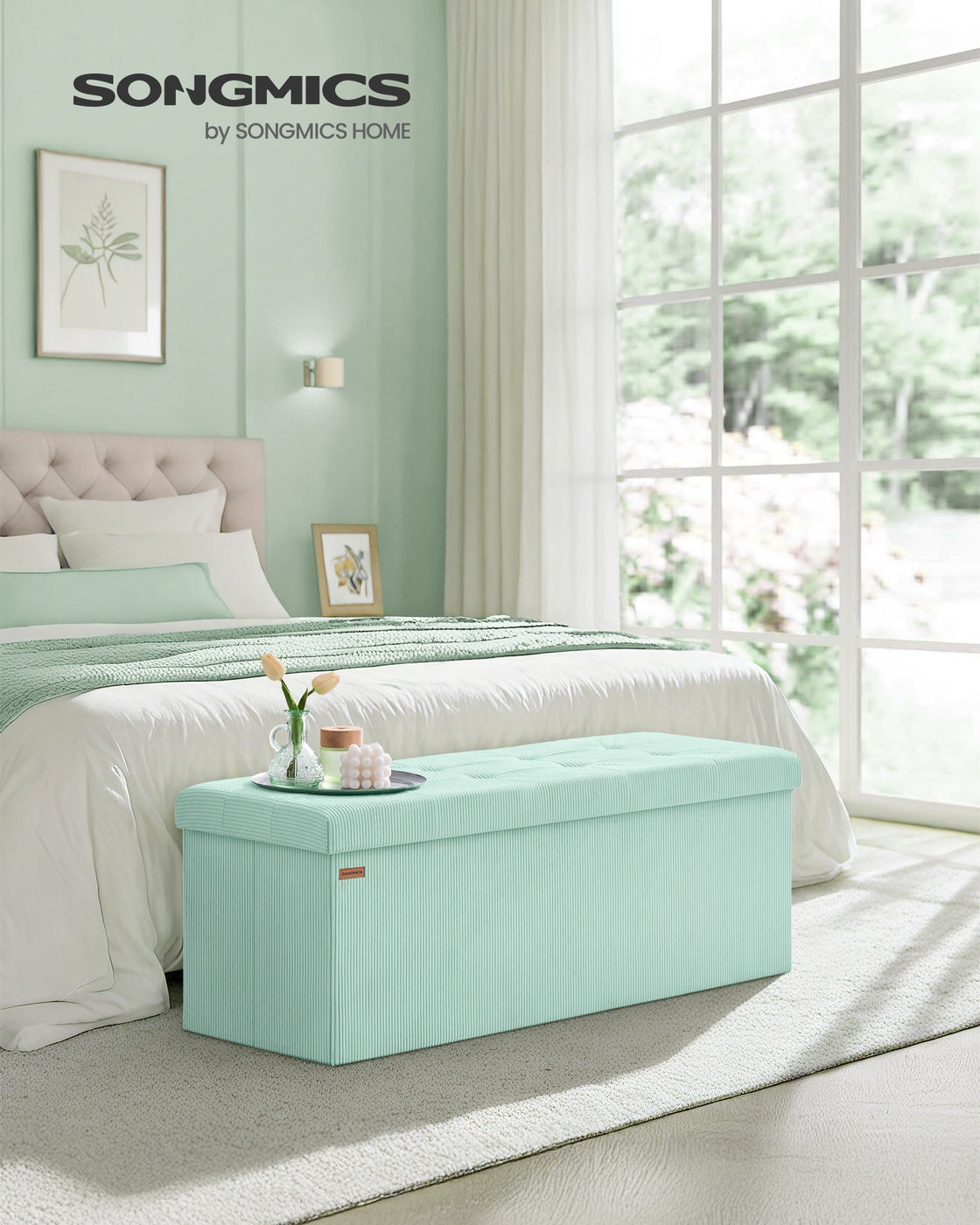 MAZIE Collection - Foldable Storage Ottoman Bench with Foot Rest Moonlight Green - Moonlight Green