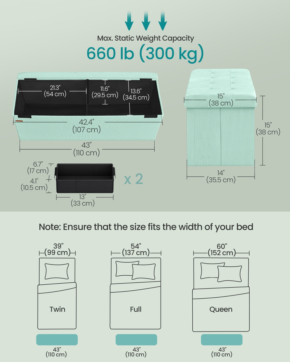 MAZIE Collection - Foldable Storage Ottoman Bench with Foot Rest Moonlight Green - Moonlight Green