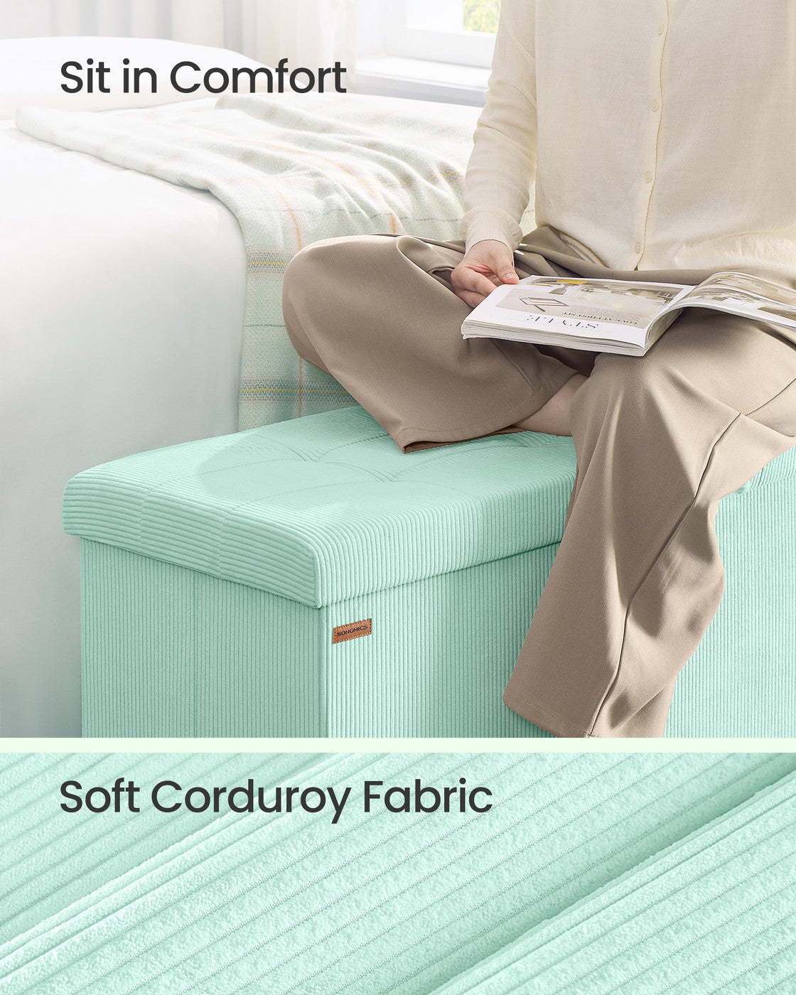 MAZIE Collection - Foldable Storage Ottoman Bench with Foot Rest Moonlight Green - Moonlight Green