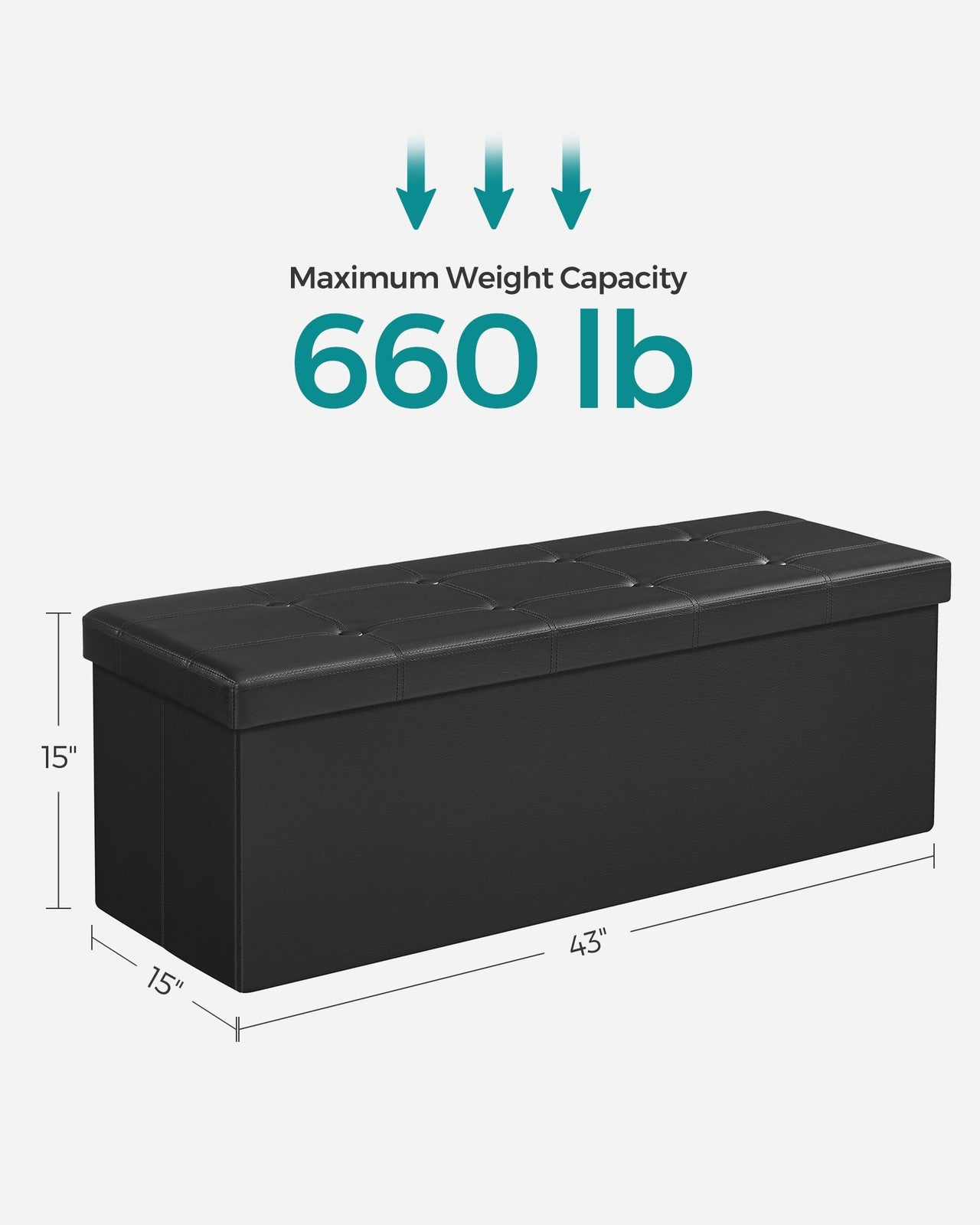 Folding Storage Ottoman Bench - 43 Inch - 660 lb Capacity - 35 Gallon Storage