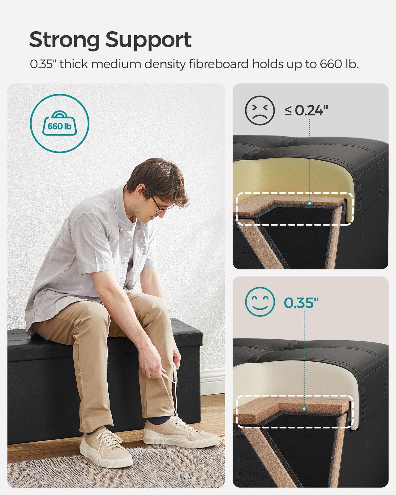 Folding Storage Ottoman Bench - 43 Inch - 660 lb Capacity - 35 Gallon Storage