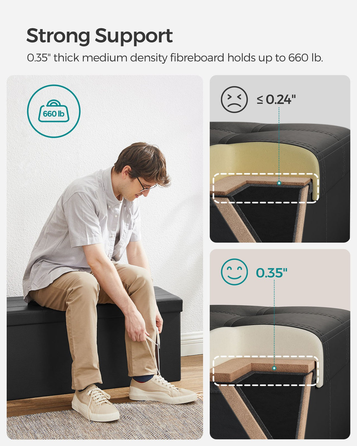 Folding Storage Ottoman Bench - 43 Inch - 660 lb Capacity - 35 Gallon Storage