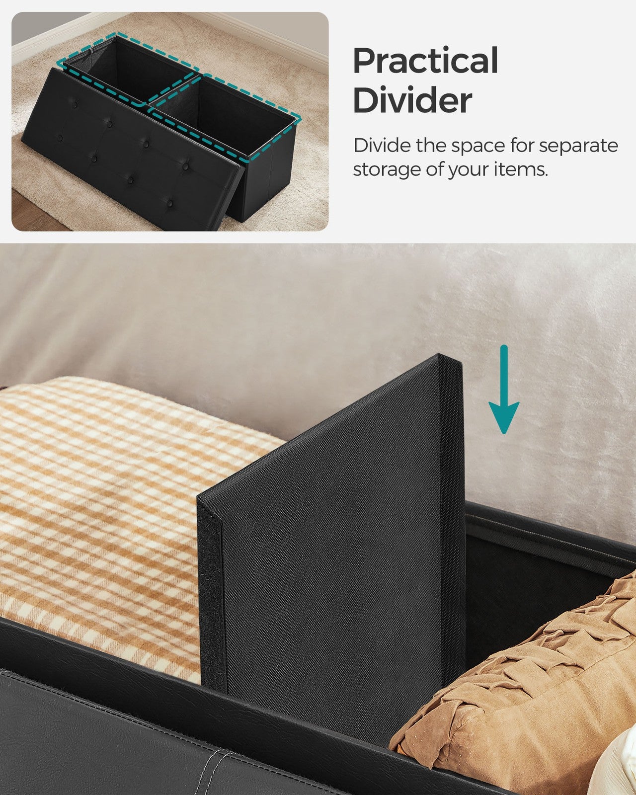 Folding Storage Ottoman Bench - 43 Inch - 660 lb Capacity - 35 Gallon Storage