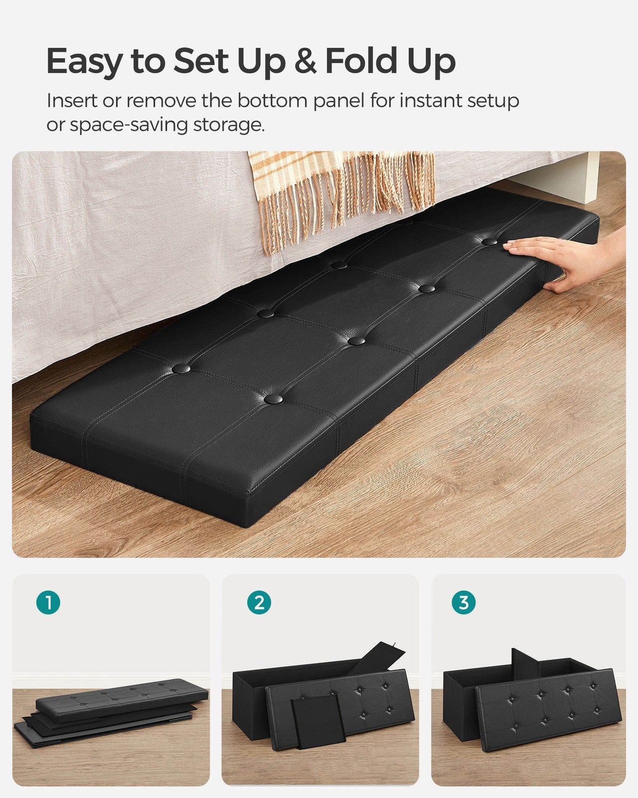 Folding Storage Ottoman Bench - 43 Inch - 660 lb Capacity - 35 Gallon Storage