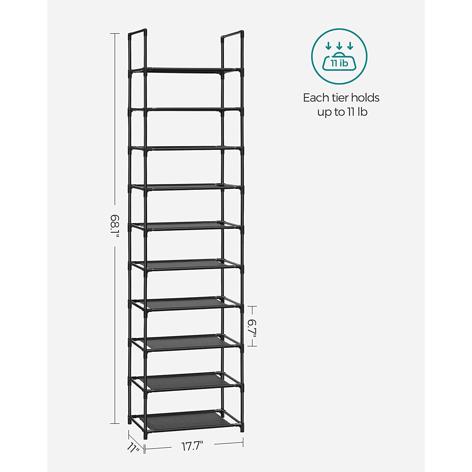 10-Tier Shoe Shelf with Metal Frame - Black