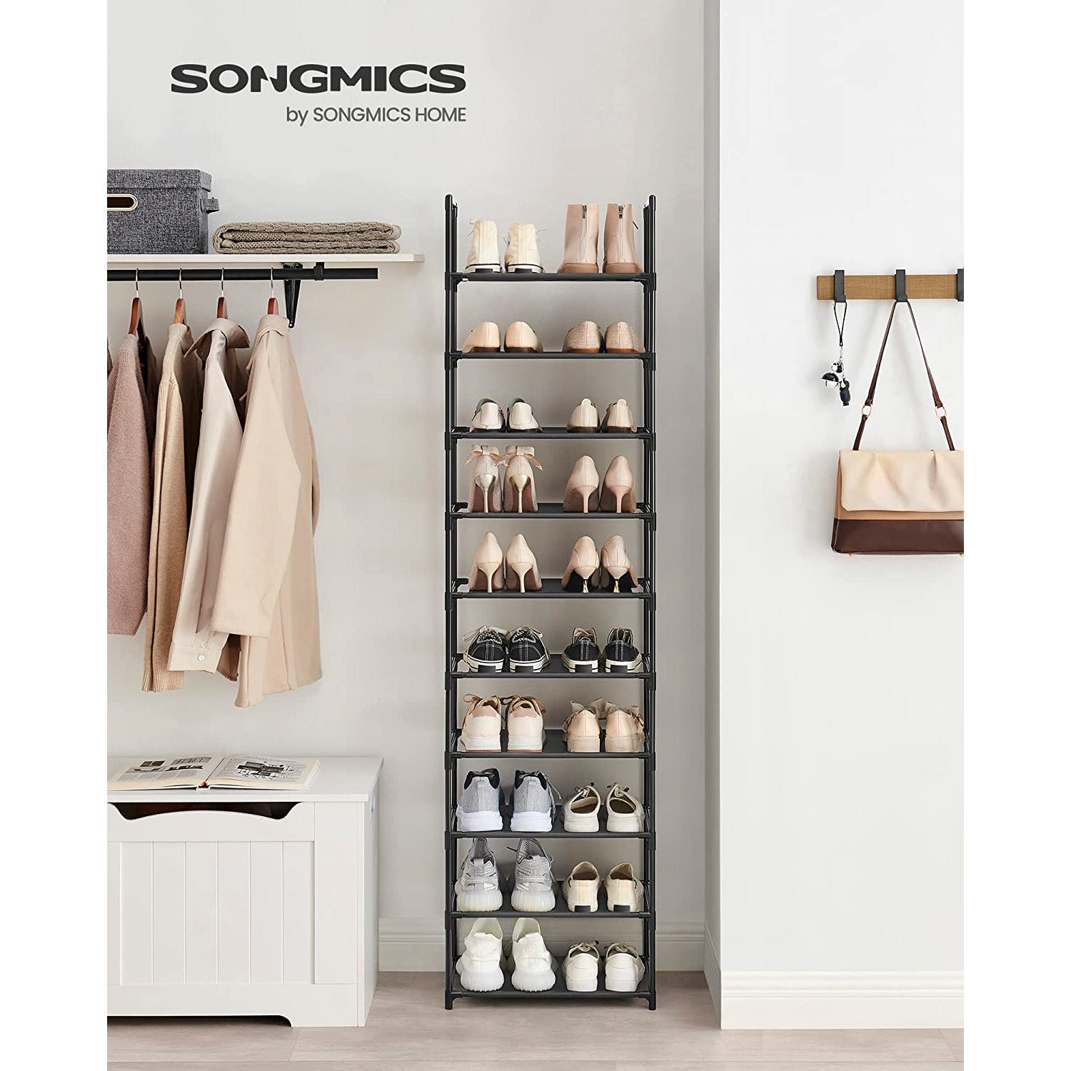 10-Tier Shoe Shelf with Metal Frame - Black