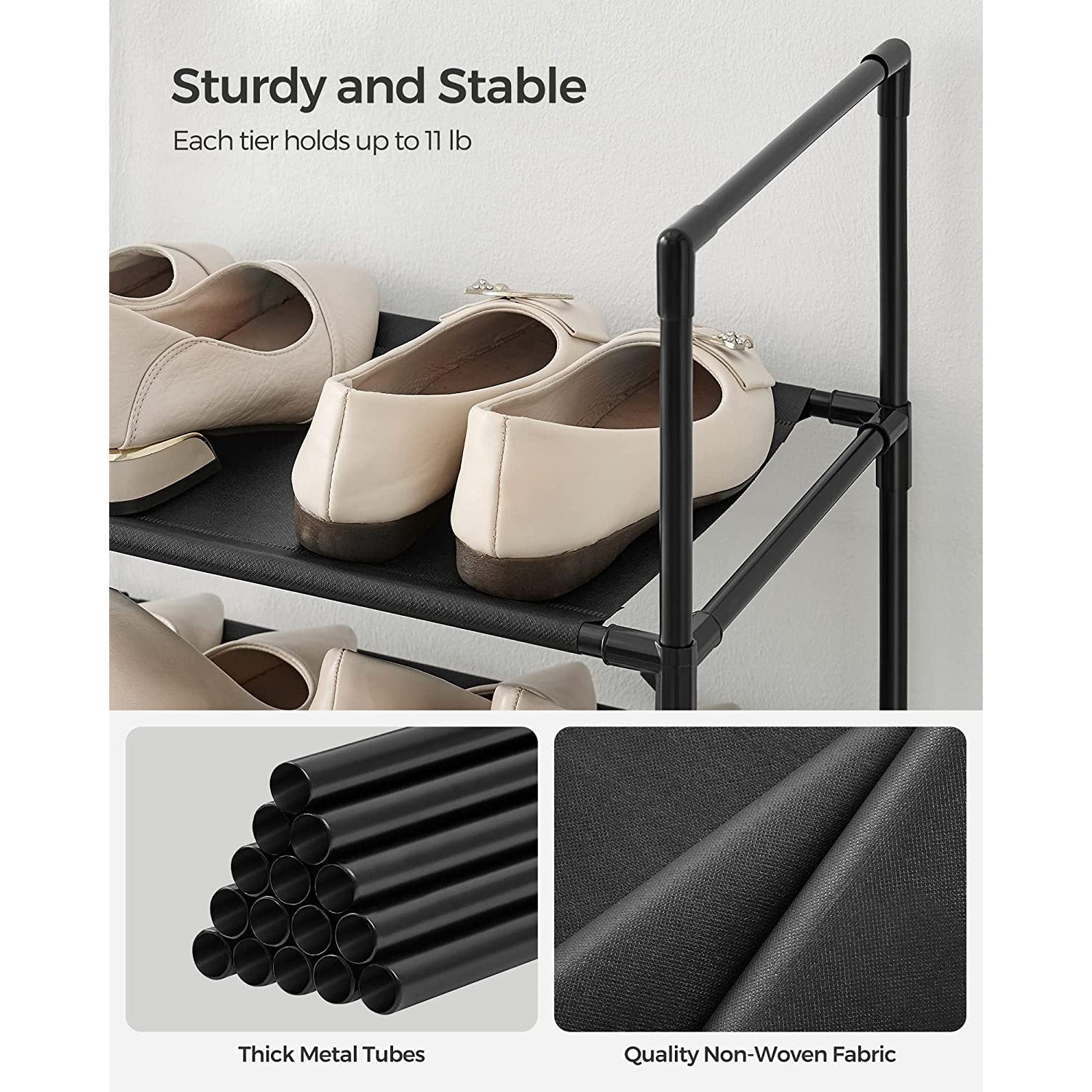 10-Tier Shoe Shelf with Metal Frame - Black