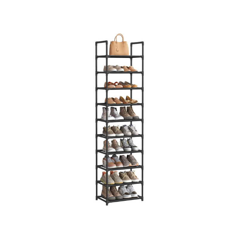 10-Tier Shoe Shelf with Metal Frame - Black
