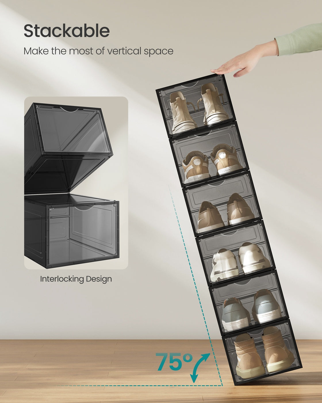 Clear Shoe Boxes - Fits Up to US Size 13 - Stackable - Set of 6