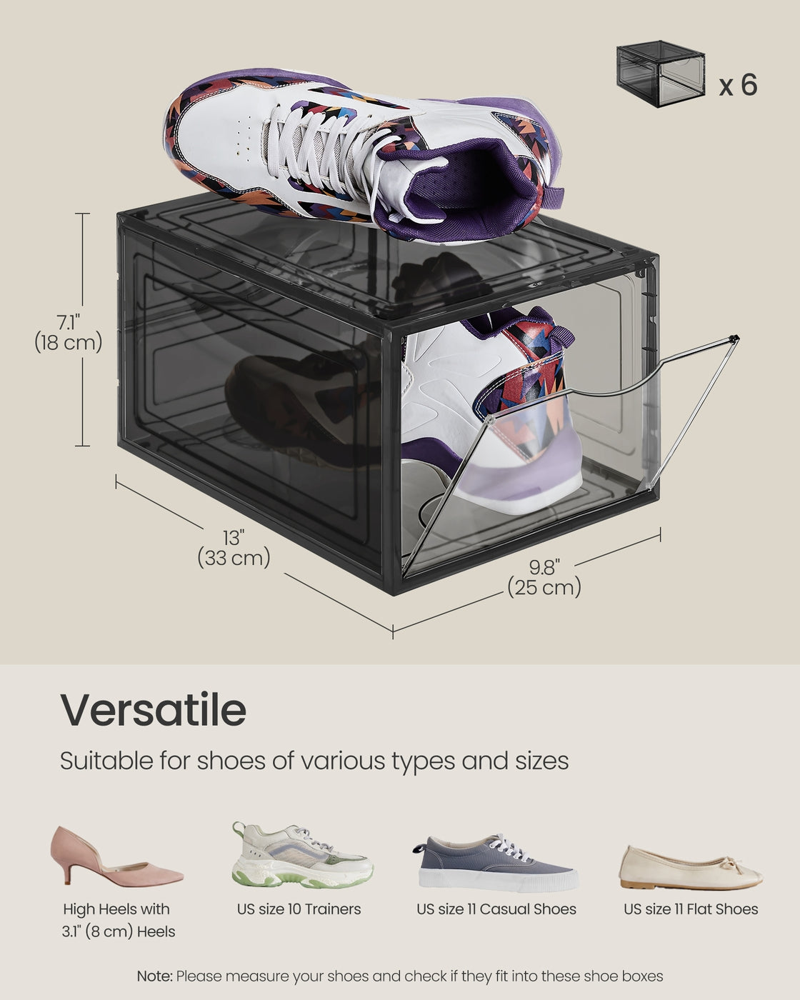 Clear Shoe Boxes - Fits Up to US Size 13 - Stackable - Set of 6
