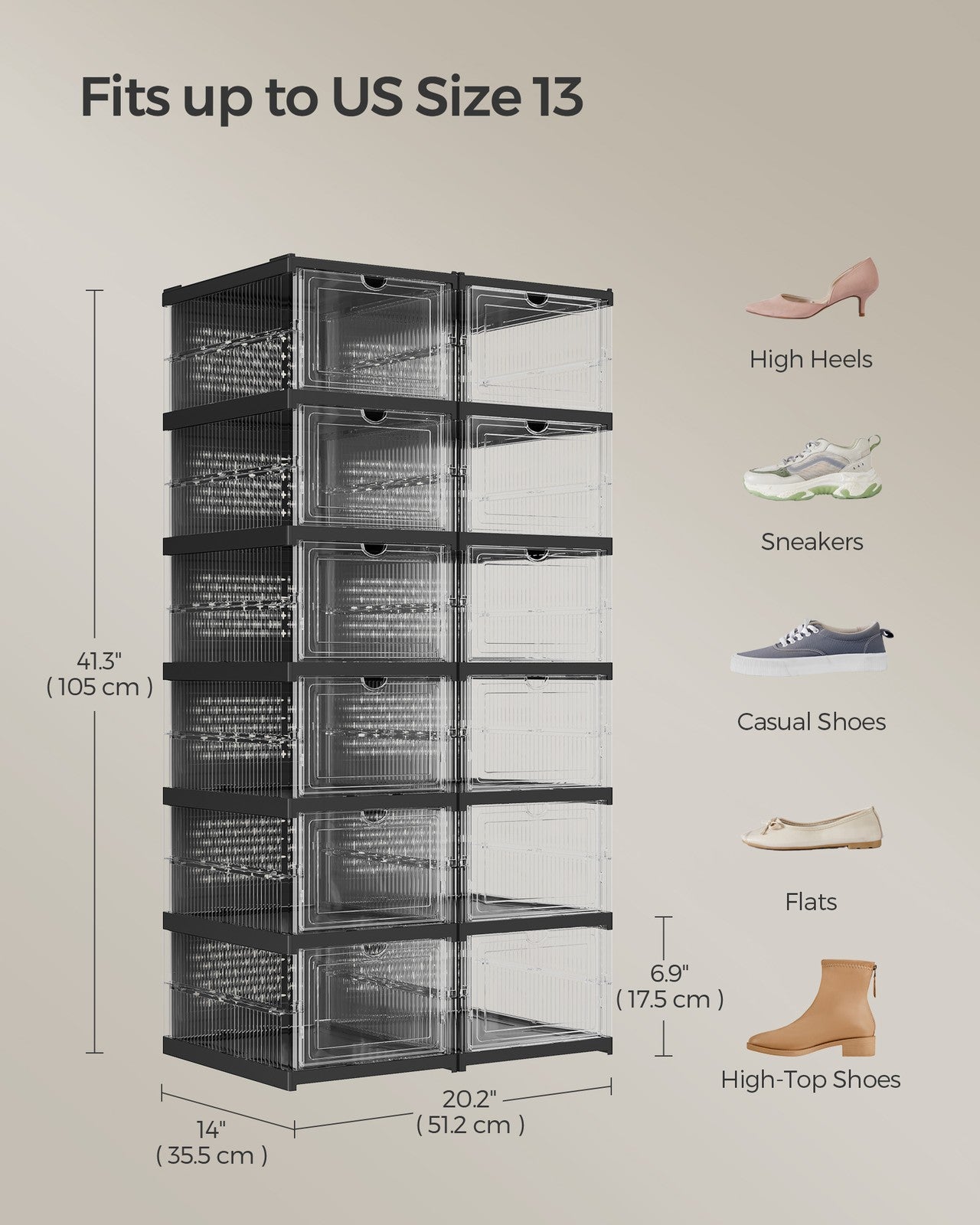 Pack of 12 Foldable Shoe Boxes - Fit Up to US Size 13 - Transparent, Ink Black