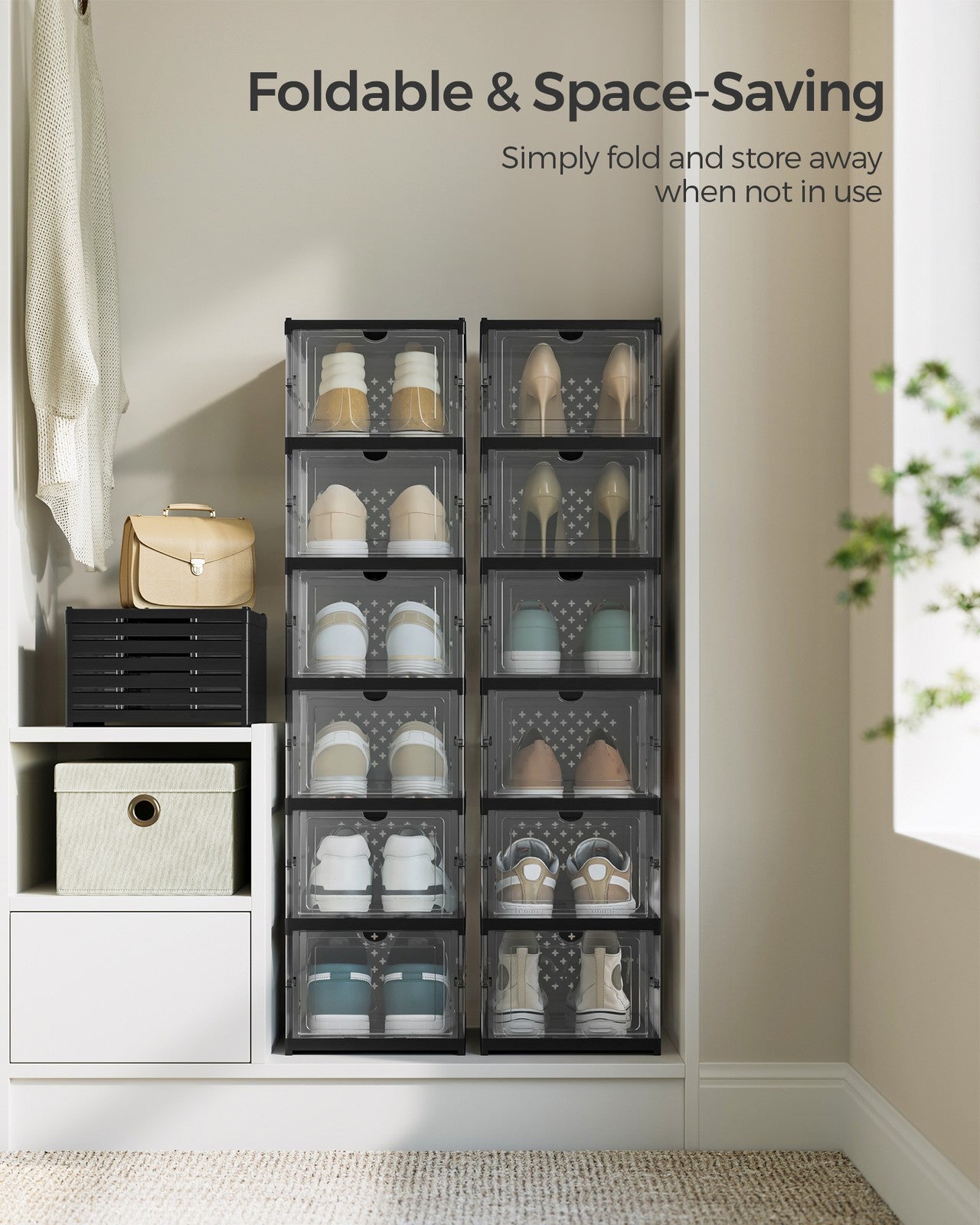 Pack of 12 Foldable Shoe Boxes - Fit Up to US Size 13 - Transparent, Ink Black