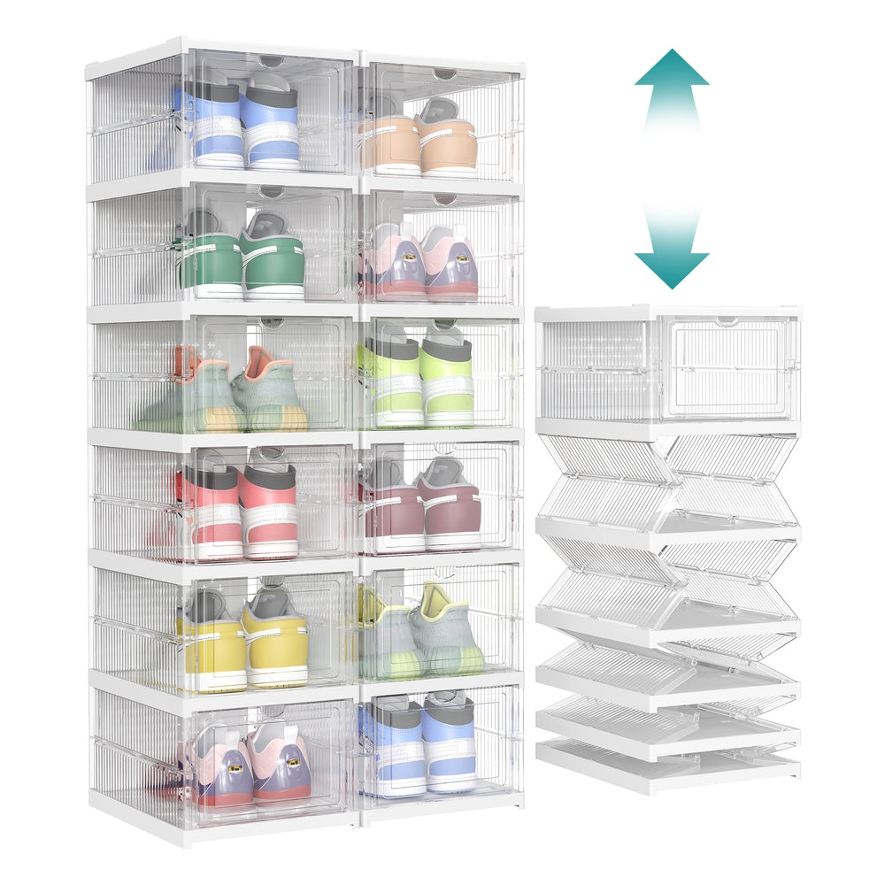 Pack of 12 Foldable Shoe Boxes - Fit Up to US Size 13 - Transparent, Cloud White