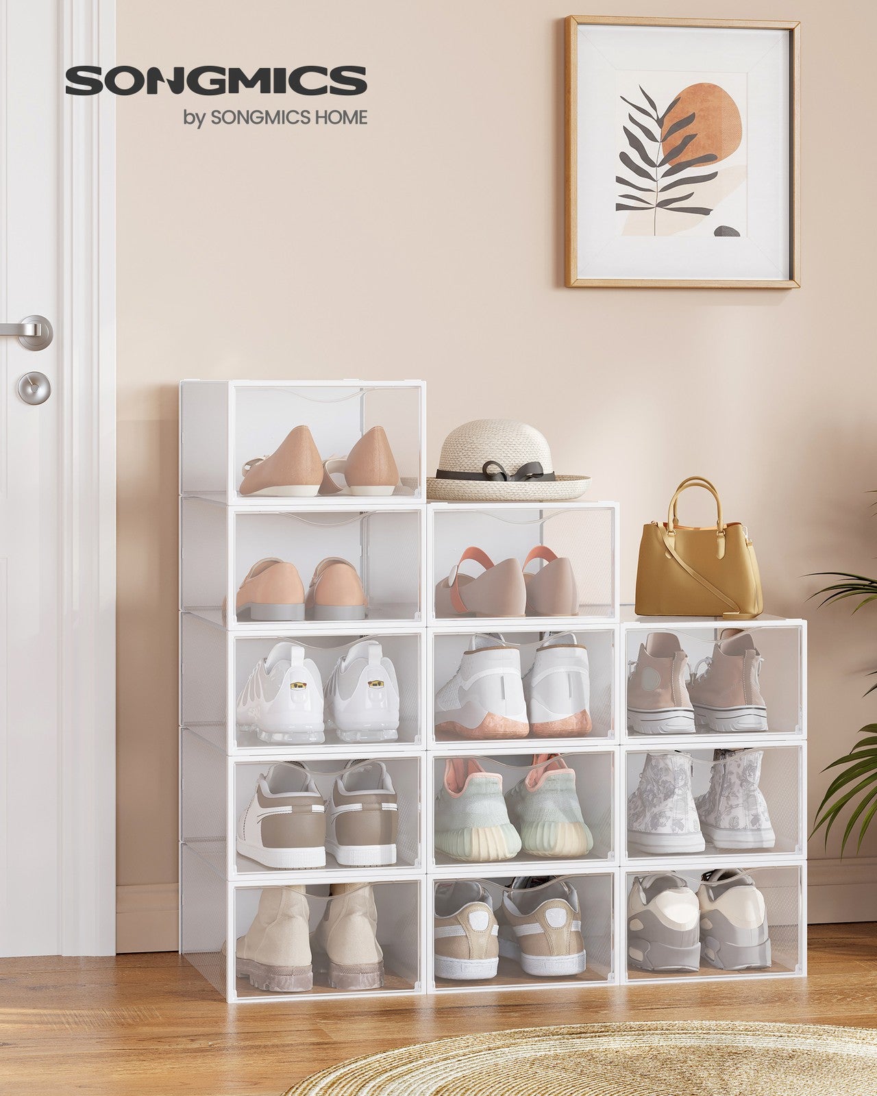 Stackable Shoe Boxes - Set of 12 Plastic Shoe Organizers with Door