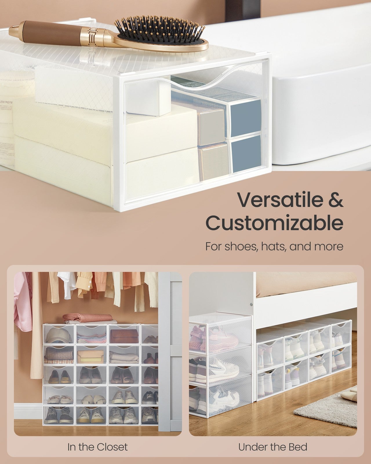 Stackable Shoe Boxes - Set of 12 Plastic Shoe Organizers with Door