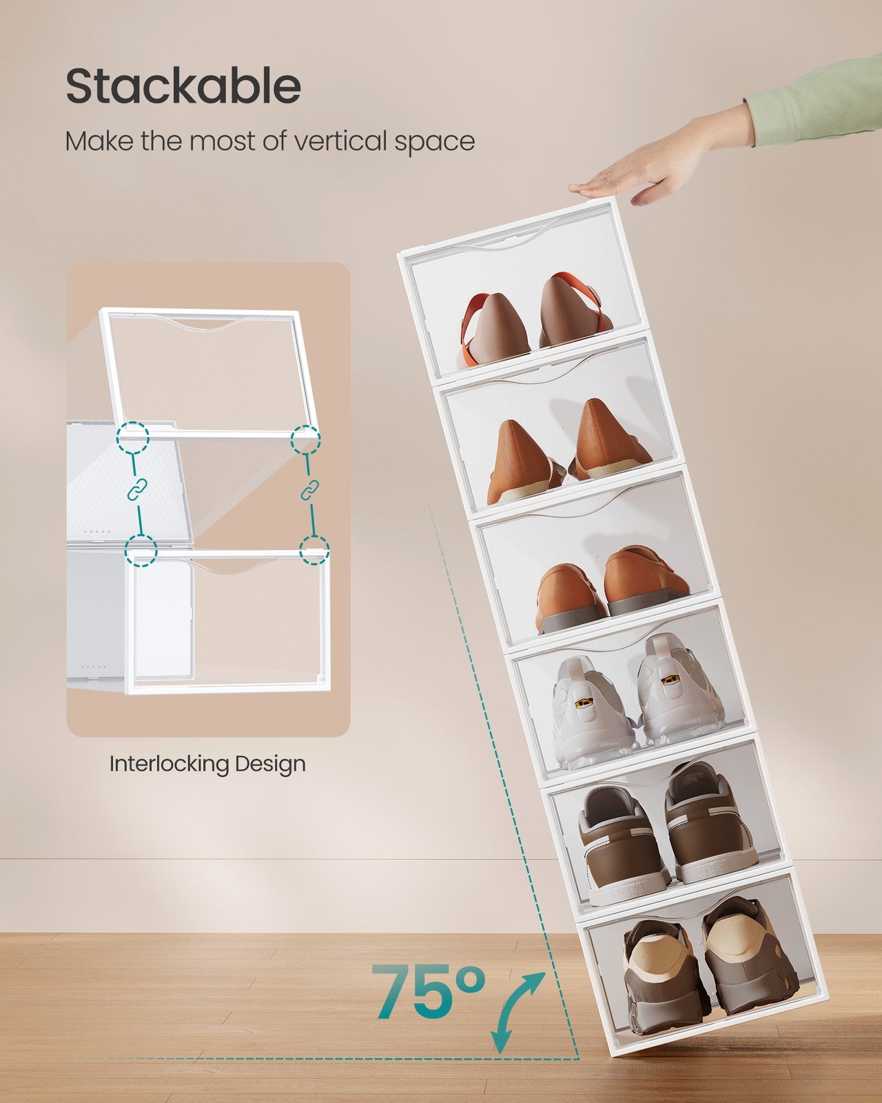 Stackable Shoe Boxes - Set of 12 Plastic Shoe Organizers with Door