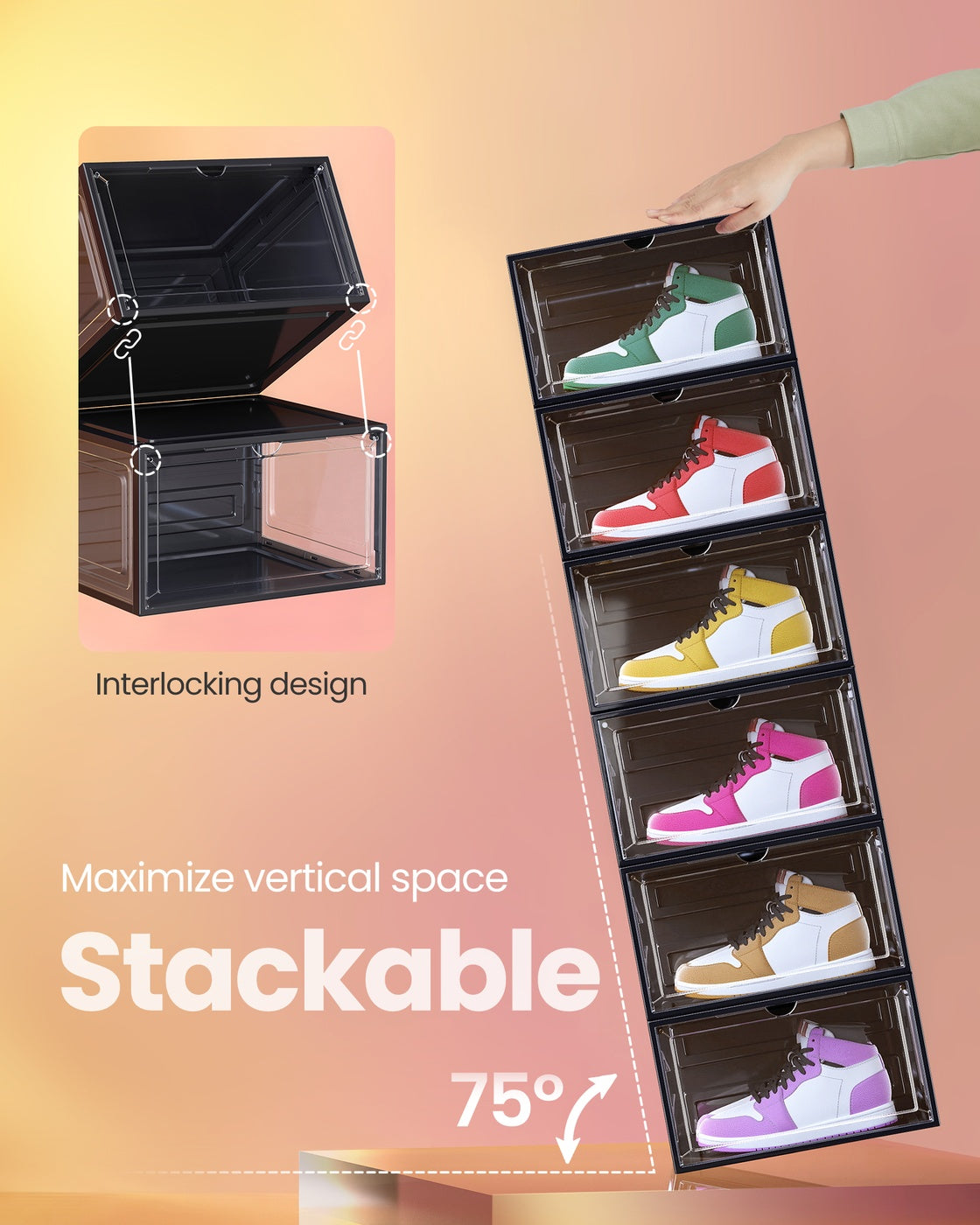 Shoe Boxes - Stackable - 13 x 11.2 x 7.6 inches - Set of 6