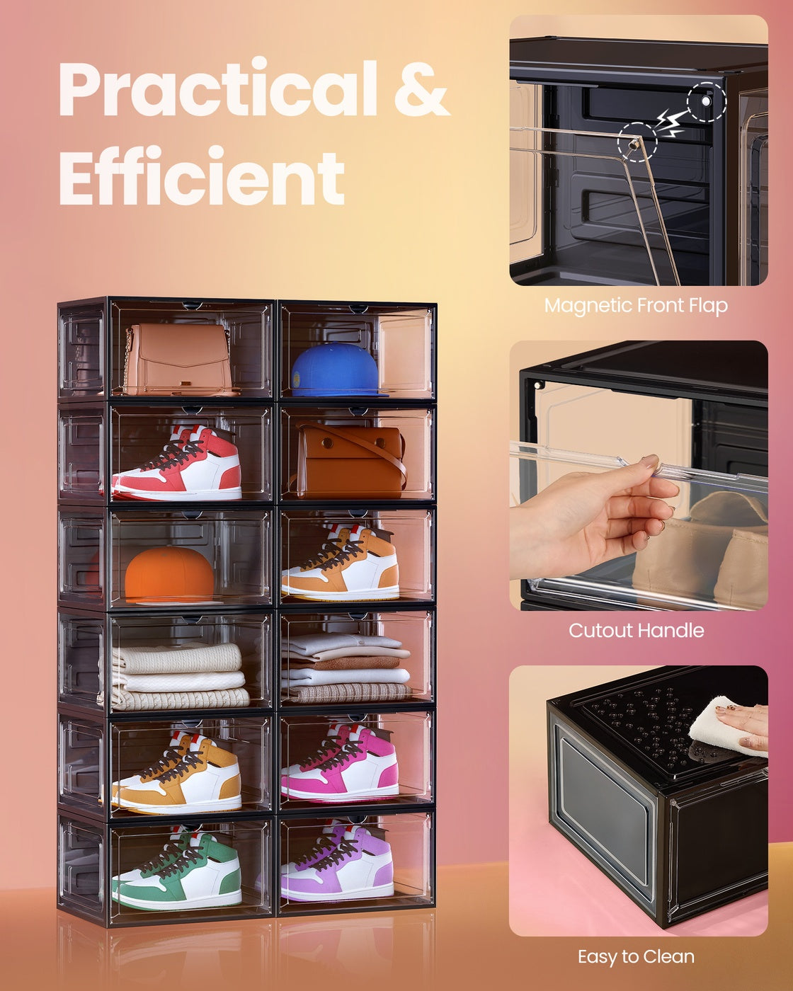 Shoe Boxes - Stackable - 13 x 11.2 x 7.6 inches - Set of 6