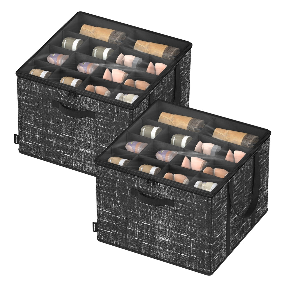 Fabric Shoe Organizer Bin with Handles and Clear Cover - Ink Black