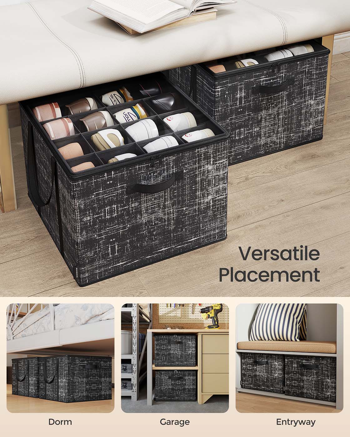 Fabric Shoe Organizer Bin with Handles and Clear Cover - Ink Black