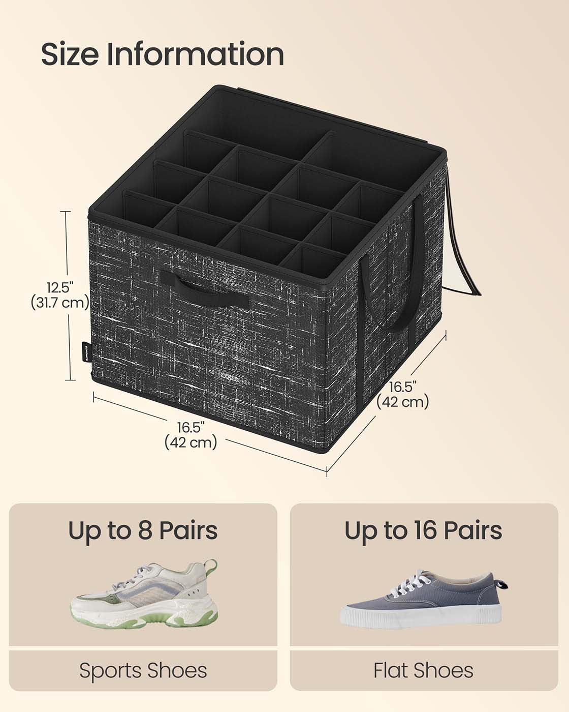 Fabric Shoe Organizer Bin with Handles and Clear Cover - Ink Black
