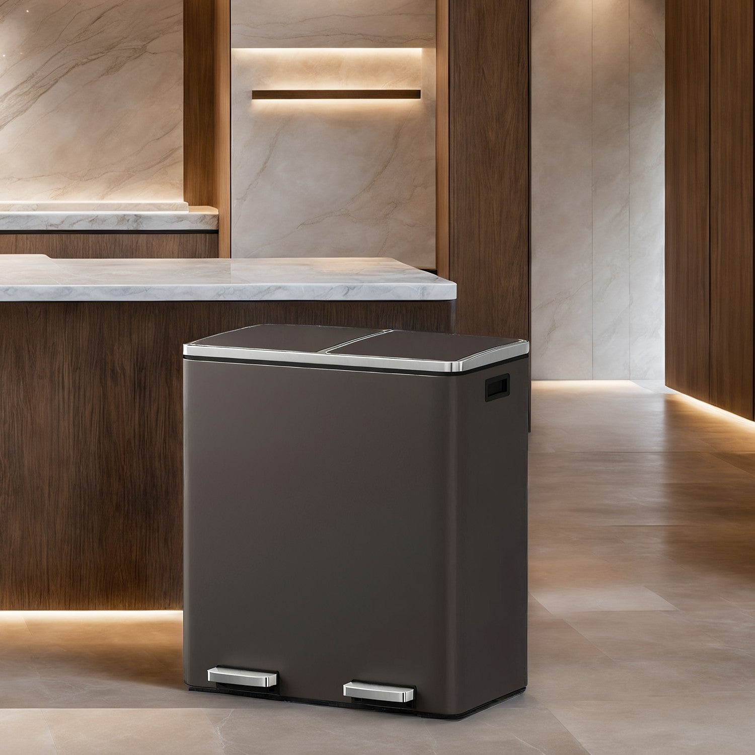 Dual Compartment Kitchen Trash Can with Airtight Hinged Lids - Silver - 23.2"L x 12.8"W x 25.6"H
