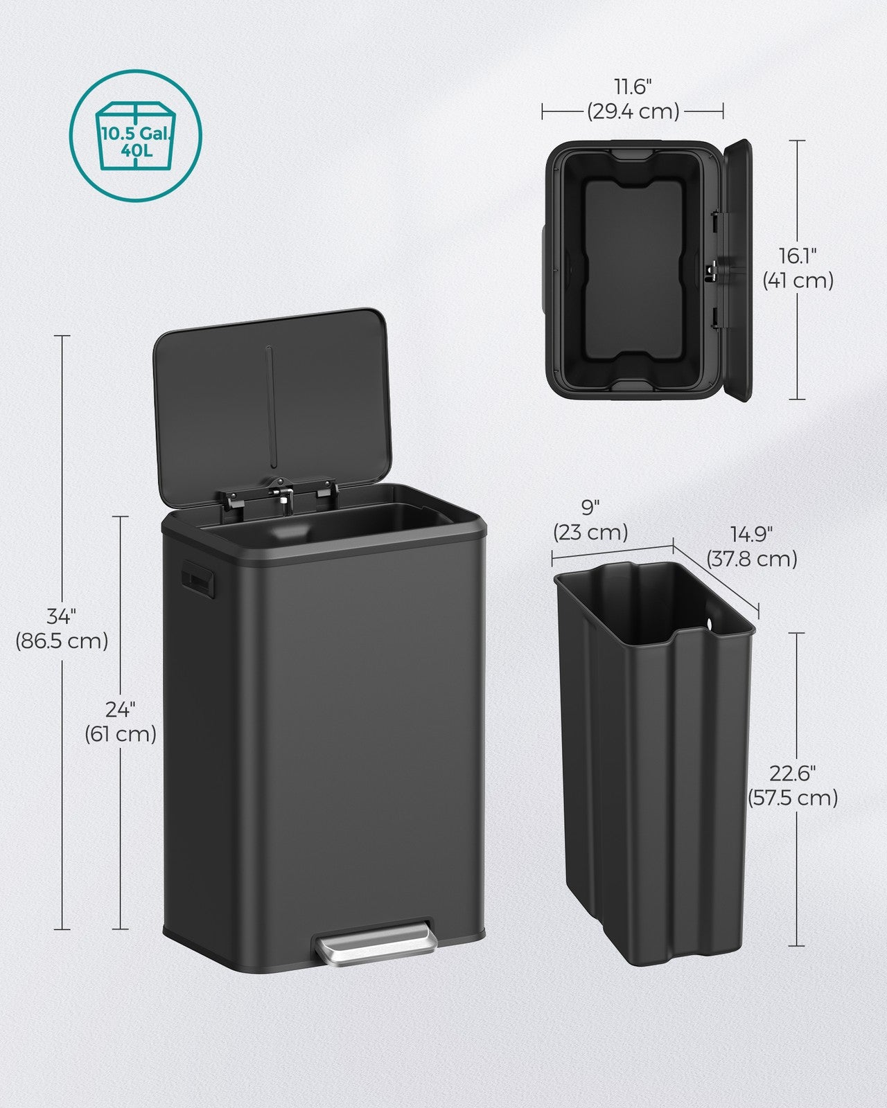 Kitchen Trash Can - 10.5-Gallon - Wide Foot Pedal - Soft-Close Lid