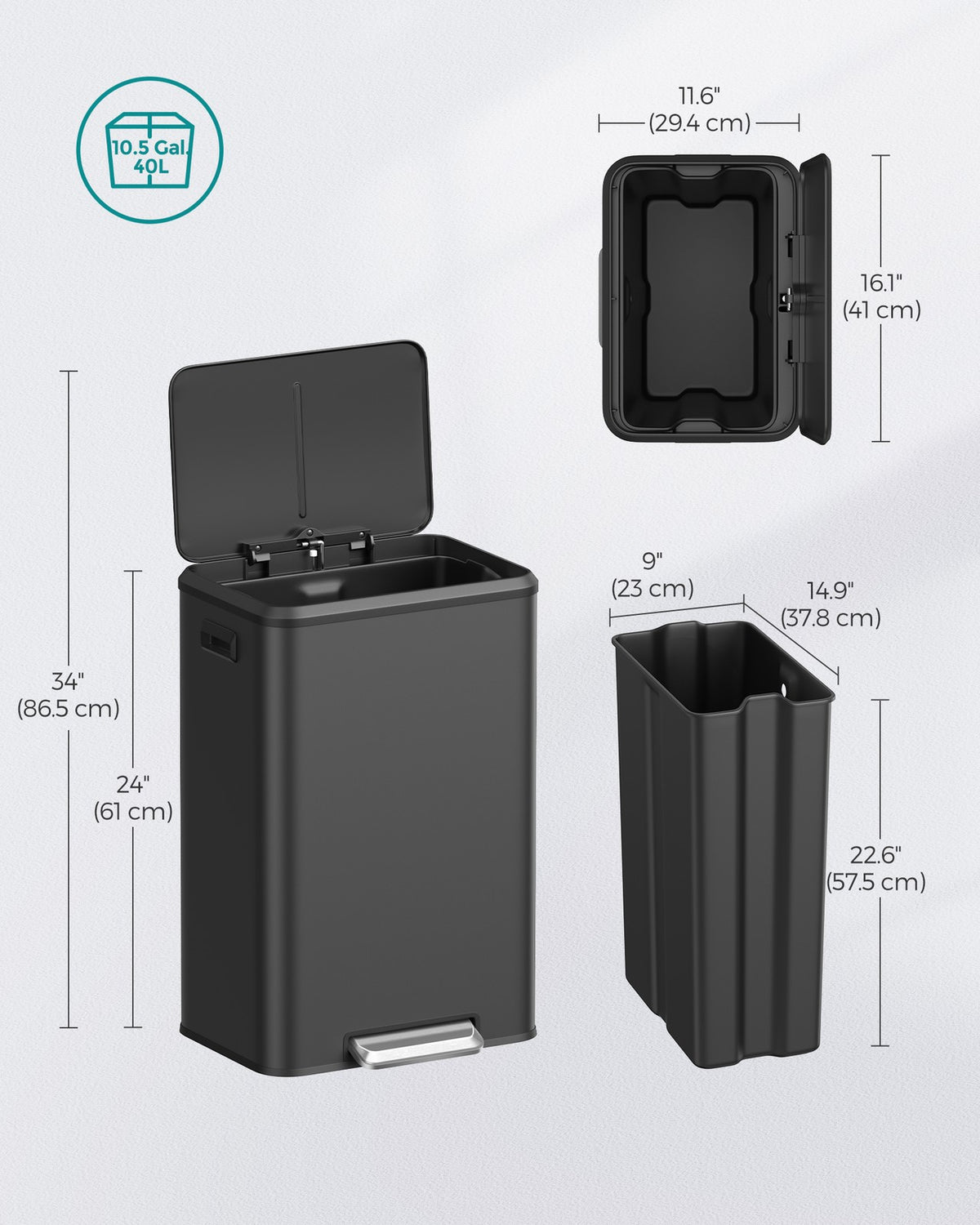 Kitchen Trash Can - 10.5-Gallon - Wide Foot Pedal - Soft-Close Lid