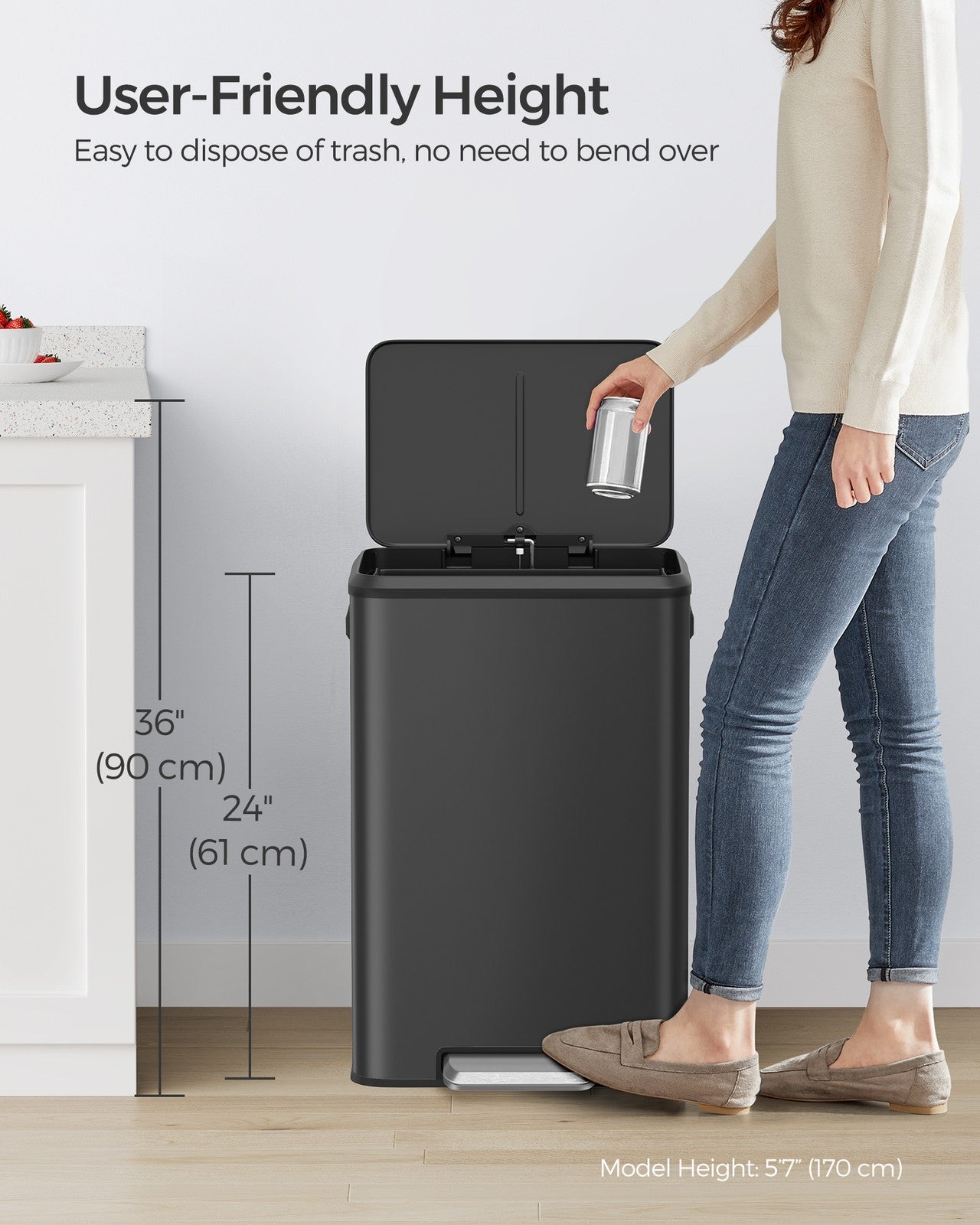 Kitchen Trash Can - 10.5-Gallon - Wide Foot Pedal - Soft-Close Lid